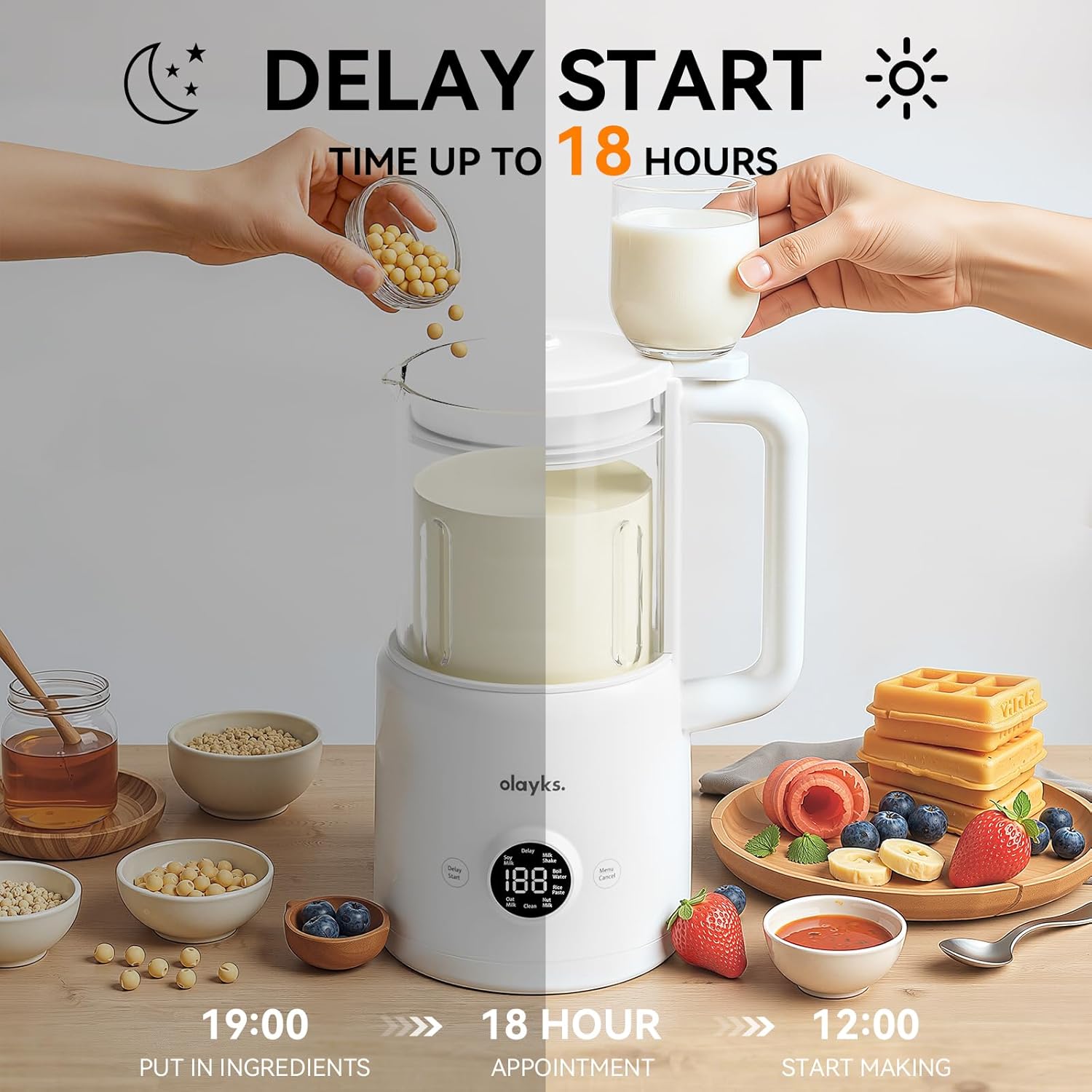 6 in 1 Automatic Nut Milk Maker Blender, 20oz Homemade Soy Milk Maker for Plant-Based Milk, Coconut, Oat, Almond, Non-Dairy Beverages with Timer, Keep Warm, Boil Water, Self-Cleaning