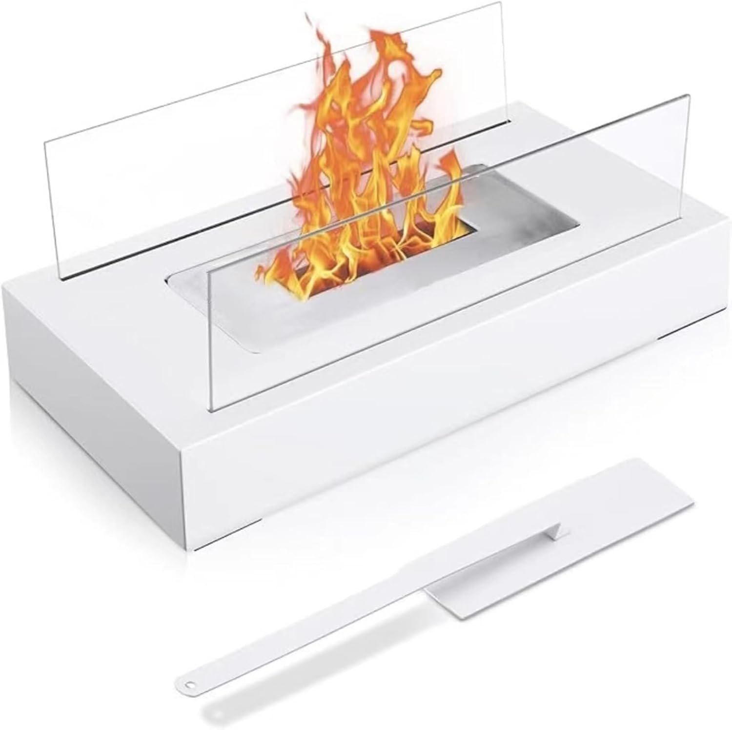 Stainless Steel Rectangular Table Top Fire Pit with Glass Wind Guard, Outdoor Patio Fireplace for Garden Portable Tabletop Fire Pit Indoor(White)