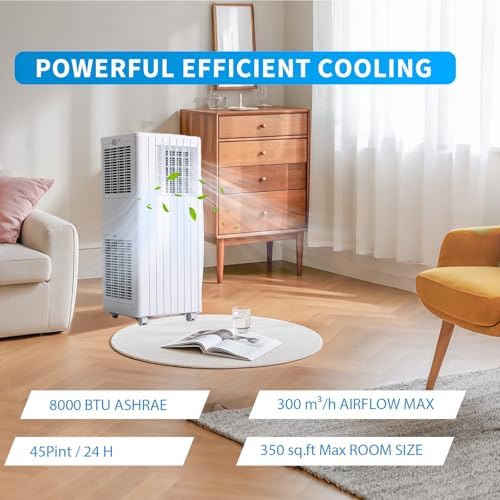 PioneerWorks Portable Air Conditioners 8000 BTU, Cools up to 350 Sq. Ft 3-in-1 Mobile AC for Room with Dehumidifier Fan Sleep Mode, 24H Timer, Remote Control, and Window Installation Kit Included