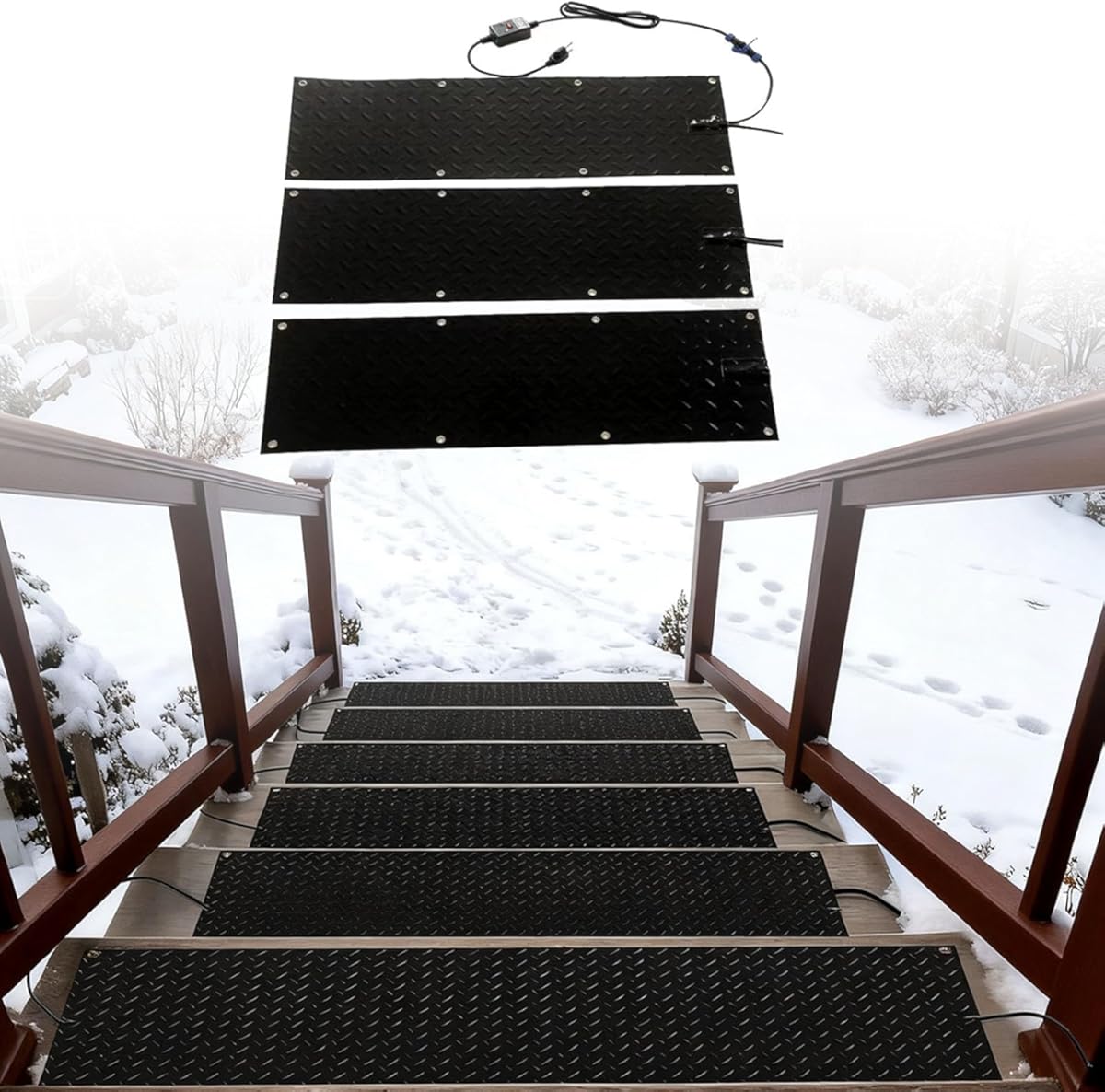 1/2/3/4/5 PCS Heated Snow Melting Mats for Stairs, Electric Removal Ice Melting Pad with Power Cord, Anti-Slip Outdoor Rubber Heated Mat for Doors, Courtyard, Stairs, Driveway(5 Pcs,30x72in)
