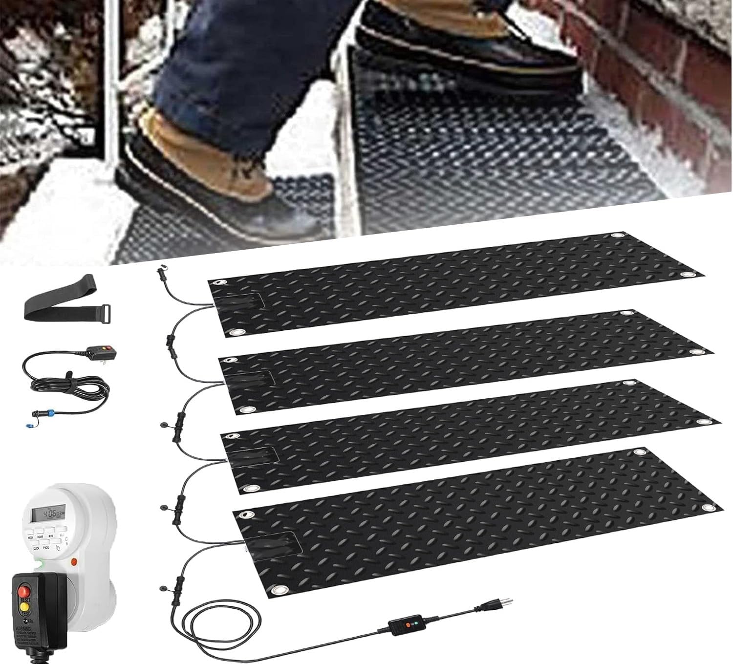 Heated Snow Melting Mats with Timer, Outdoor Slip Proof Ice Heated Rubber Mat, 2 in/h Speed Snow and Ice Heated Pad for Winter Outdoor Stairs, Steps, Doorways, Walk(4 Pcs-10x48in/(25.4x121.9 cm))
