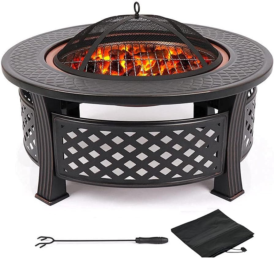 Fire Bowl Outdoor, Round Fire Pit, Wood Burning Pit with Spark Screen and Poker, Waterproof Cover 32Inch for Camping, Outdoor Heating, Bonfire and Picnic
