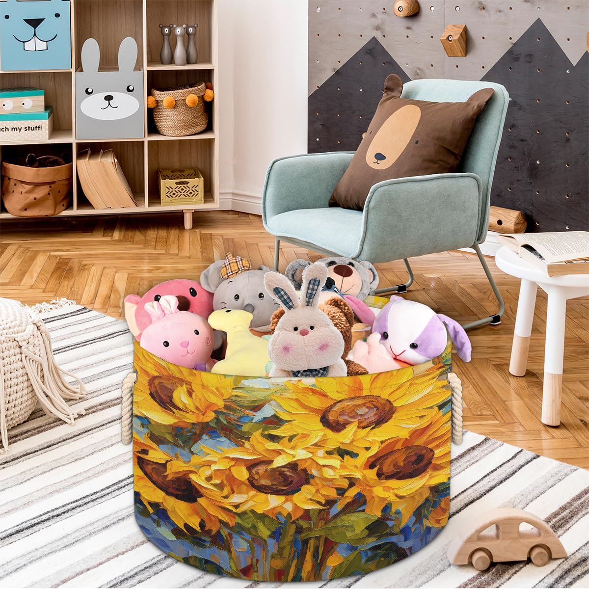 Abstract Oil Painting Sunflower Round Storage Basket Laundry Hamper Collapsible Laundry Basket with Handles Large Canvas Storage Bin for Clothes Toys Nursery Bedroom Closet Organizer