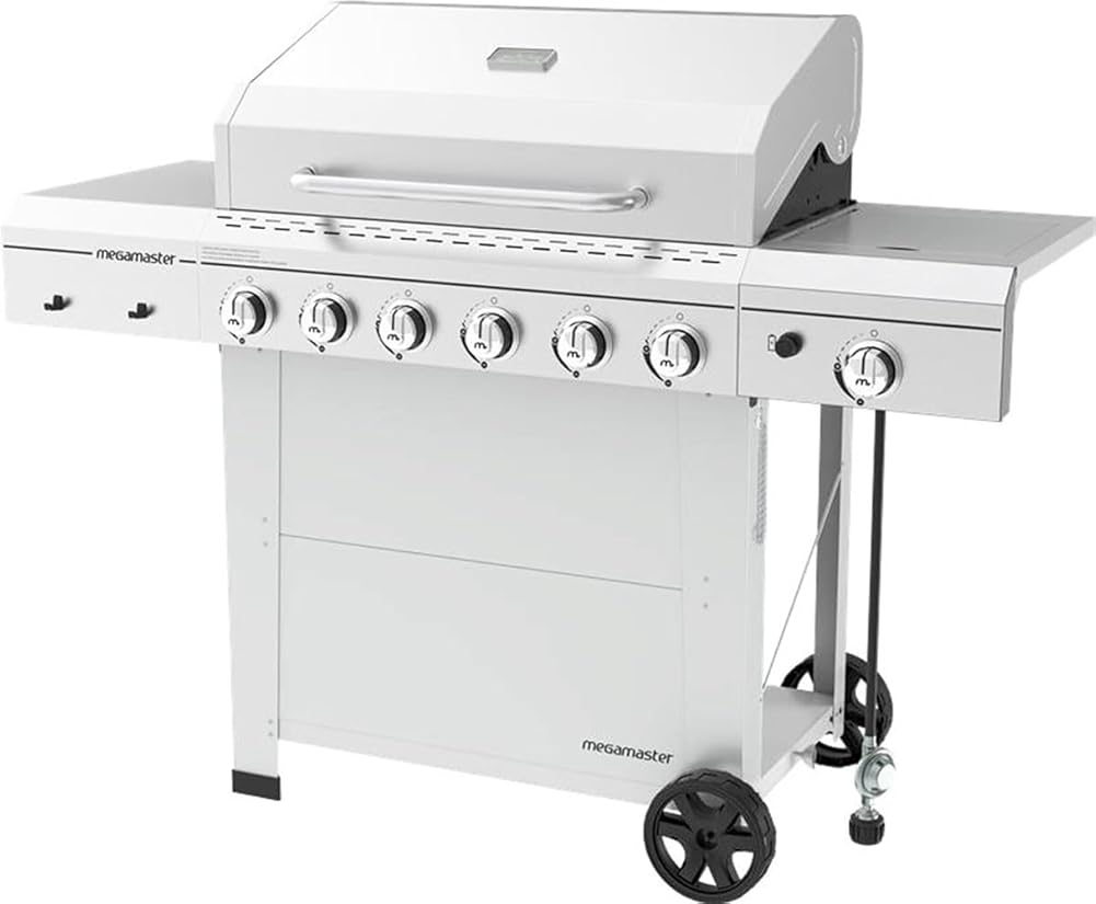 Megamaster Stainless Steel 6-Burner Propane Gas Grill with Side Burner, Barbecue Grill with Temperature Gauge, 66,000 BTUs, 737 SQ. In. Cooking Area, Outdoor BBQ Grill for Backyard Patio - 720-0983CB