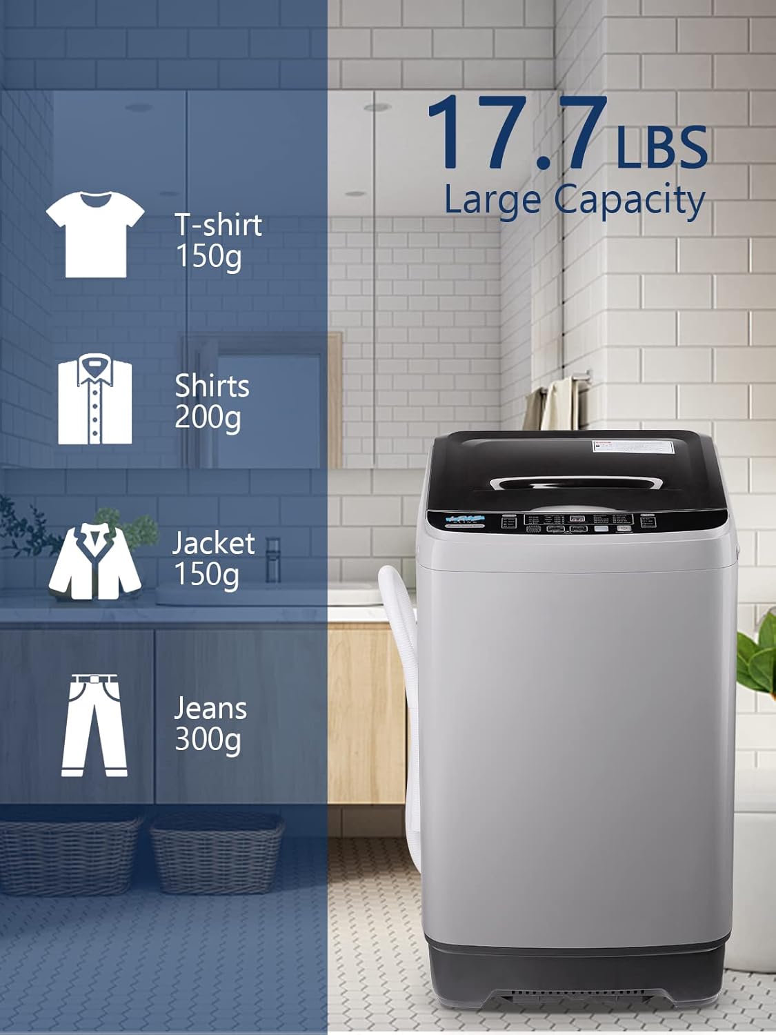 17.7 lbs Full Automatic Washer with Drain Pump, KRIB BLING Washing Machine with LED Display, 10 Washing Programs & 8 Water Levels Selections, Ideal for Camping, Apartment, Dorm, Grey