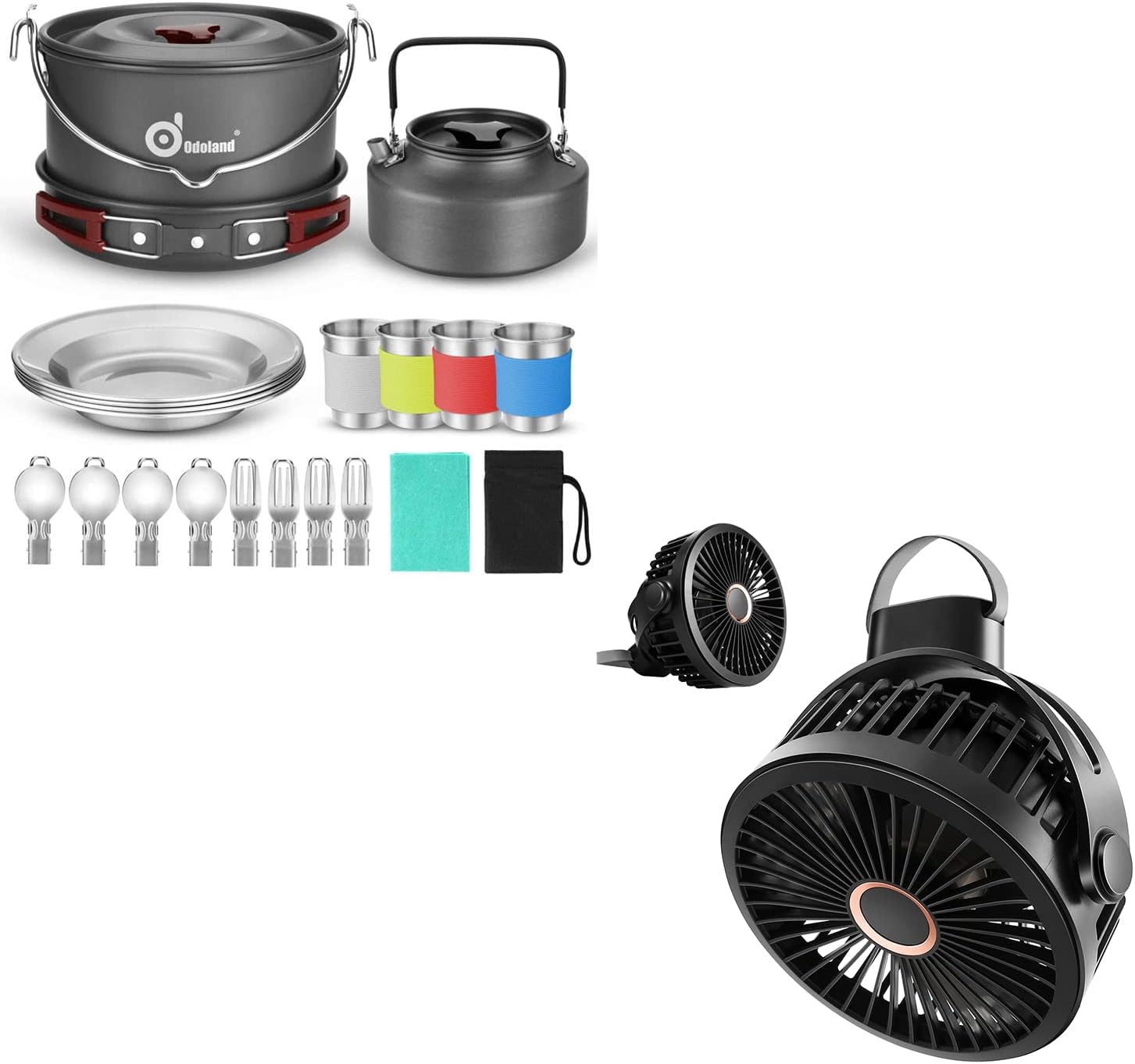 Odoland Bundle - 2 Items 22pcs Camping Cookware Mess Kit and 10000mAh Camping Fan with Hanging Hook