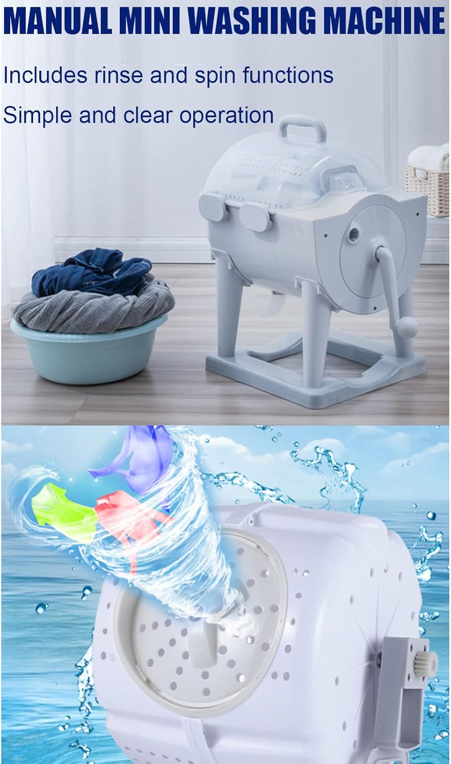 Mini Manual Washing Machine Non-Electric Dryer, Portable Clothes Underwear Sock Washer Compact Hand Powered Laundry Spinner, with Spin Dry and Drainage Pipe, for RV's/Camping/Traveling/Emergency