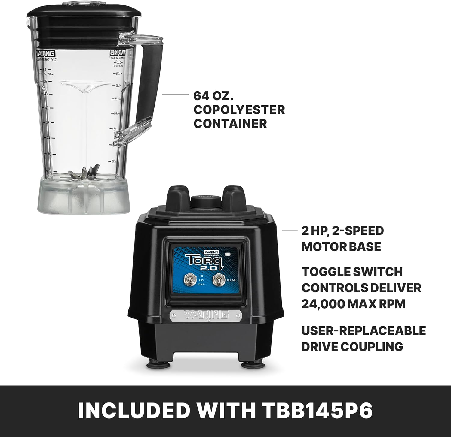 Waring Commercial TBB145P6 TORQ 2 Horsepower Blender, 2 speed Toggle Switch Controls, with 64 oz. BPA Free Container, 120V, 5-15 Phase Plug, Black