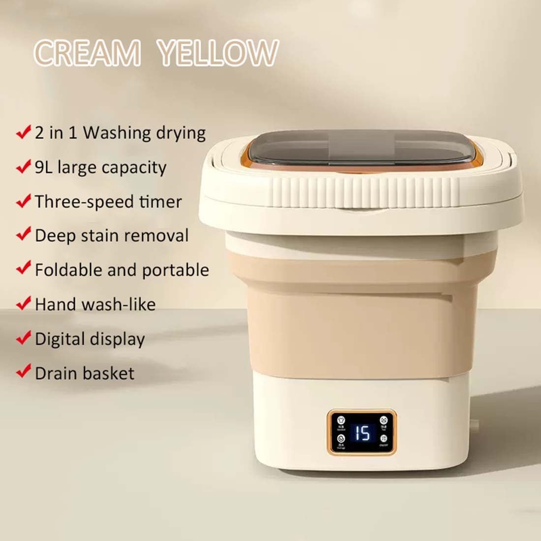 Foldable Washer and Dryer Portable Washing Machine with Dehydration Basket 9L Large Capacity for RVs Camping Apartments Dorms(Cream Yellow)