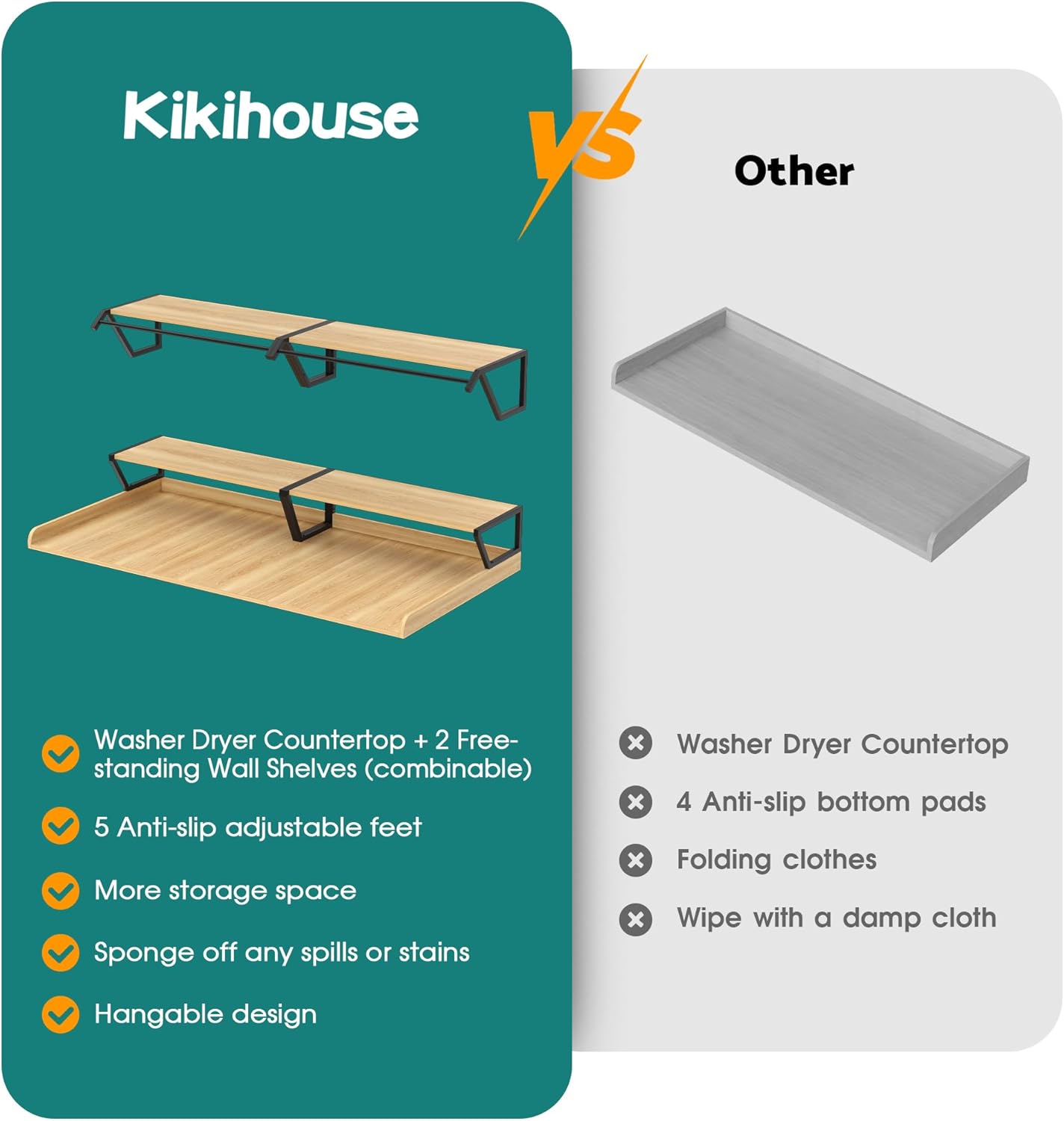 Set Washer Dryer Countertop with Hanging Rod, Laundry Countertop with Wall Shelf for Laundry Room Organization, Washer Dryer Topper with Anti-Slip Pads and Raised Edges Oak