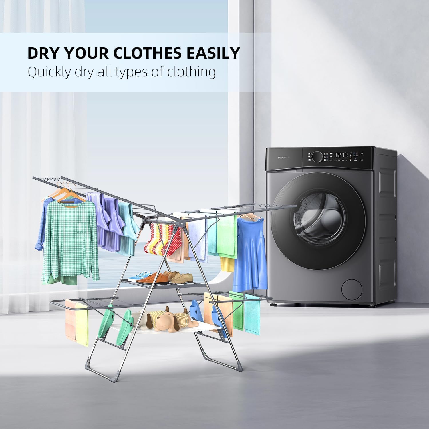 Clothes Drying Rack, Foldable 2-Level Laundry Drying Rack for Clothes,Stainless Steel Drying Rack Clothing Collapsible for Indoor Outdoor,with Height-Adjustable Wings