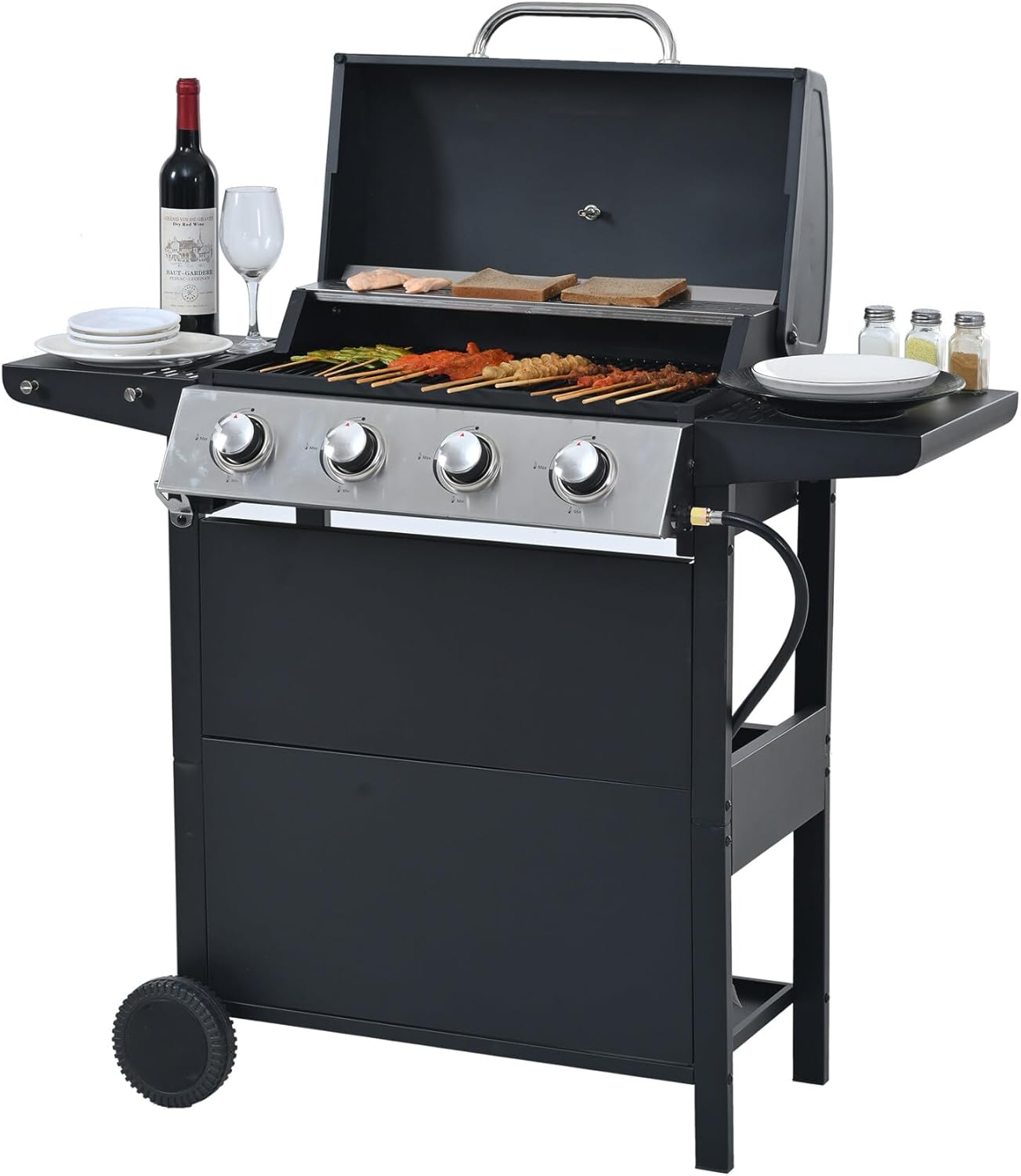 4-Burner Propane Gas BBQ Grill with Side Shelves & Porcelain-Enameled Cast Iron Grates, 34000 BTU Output Stainless Steel Barbecue with Hooks and Thermometer for Patio and Party, Black