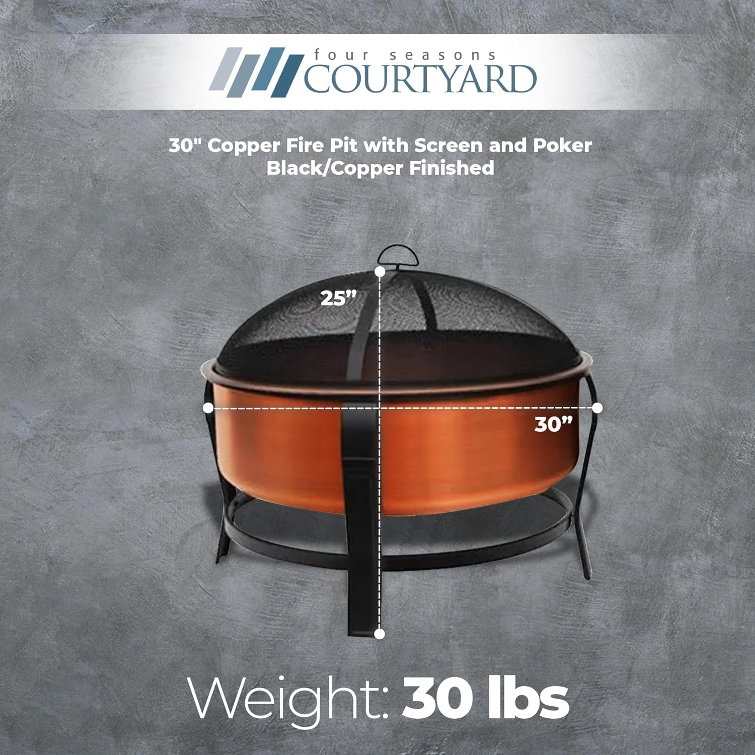 Four Seasons Courtyard FT-1103E Fire Pit, Copper With Black Accents, Screen + Poker, 30-In. - Quantity 1