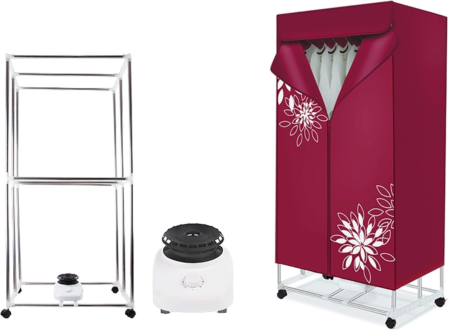 1000W Portable Electric Dryer, Double Layer Stackable Clothes Drying Rack, Rack Cabinet with Automatic Heater with 180 Minute Timer, Wine Red