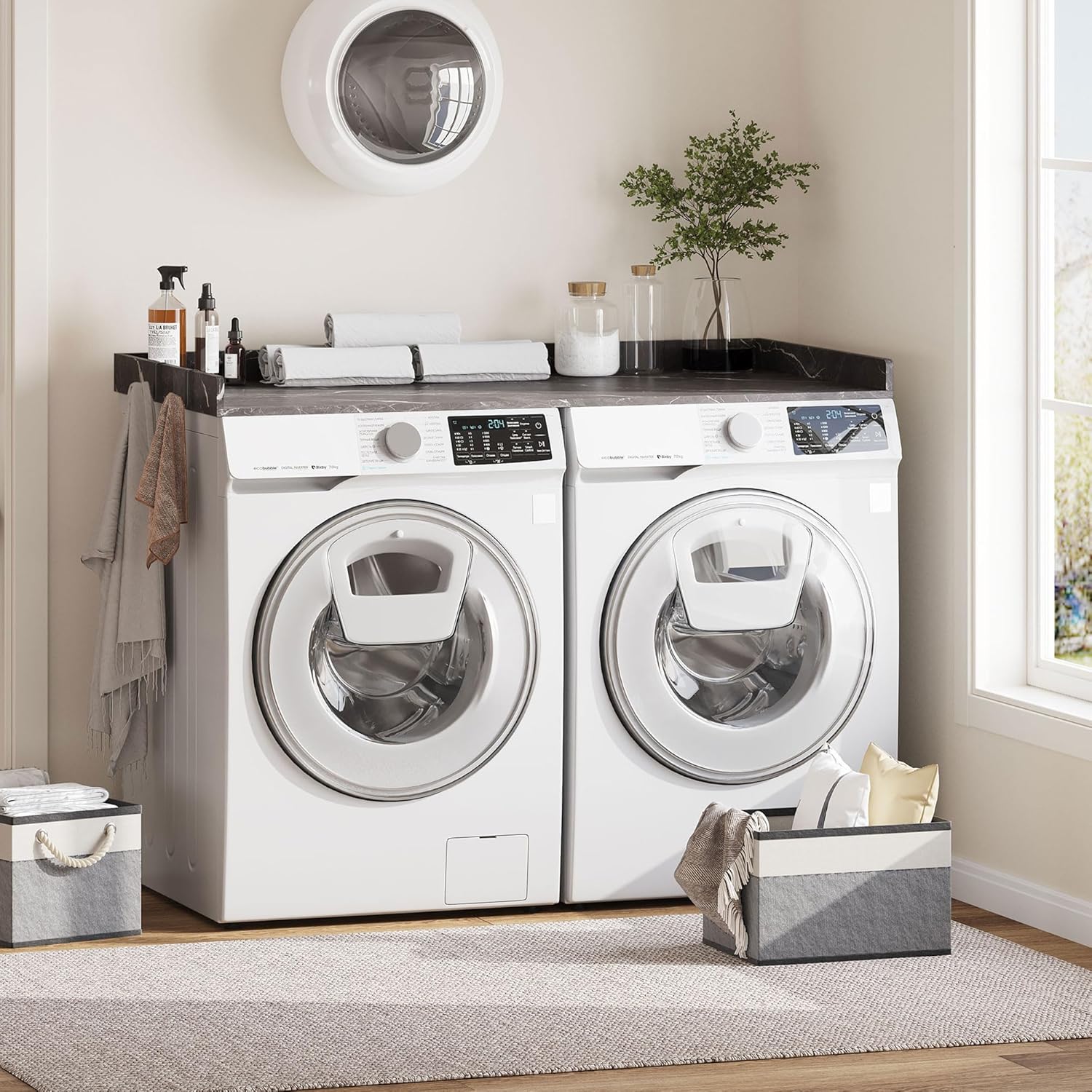 Washer Dryer Countertop – 54 x 27.6 Non-Slip Laundry Topper for Front-Load Washers & Dryers | Metal Hooks & Edge Rails | Includes 2 Storage Baskets for Organization