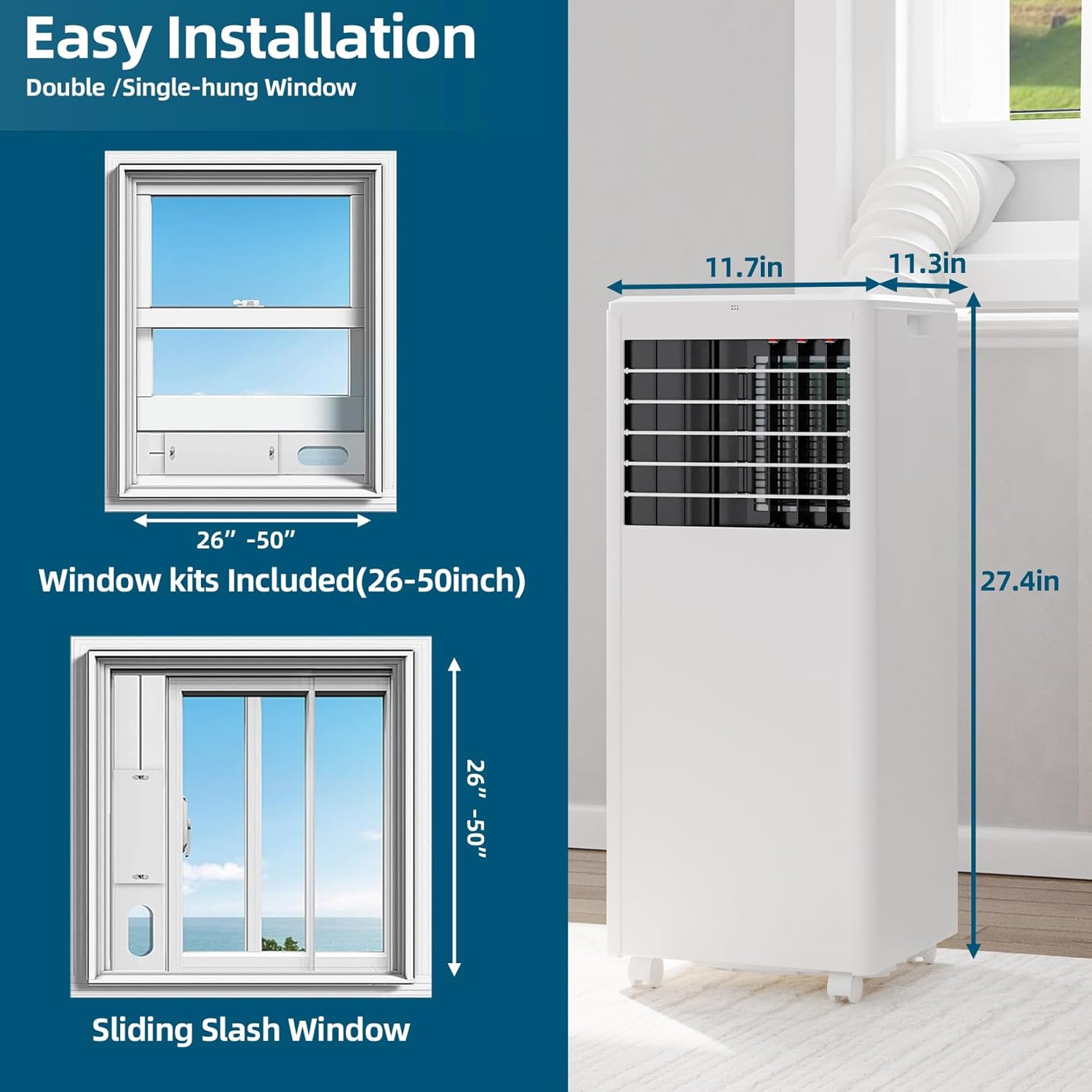 Portable Air Conditioner, 3-in-1 Air Conditioners Function, Cool, Fan, Dry, Auto, Sleep Modes, Fast Cooling, LED Display, Cools Room up to 350 sq. ft, Exhaust Hose & Window Kit, 115V