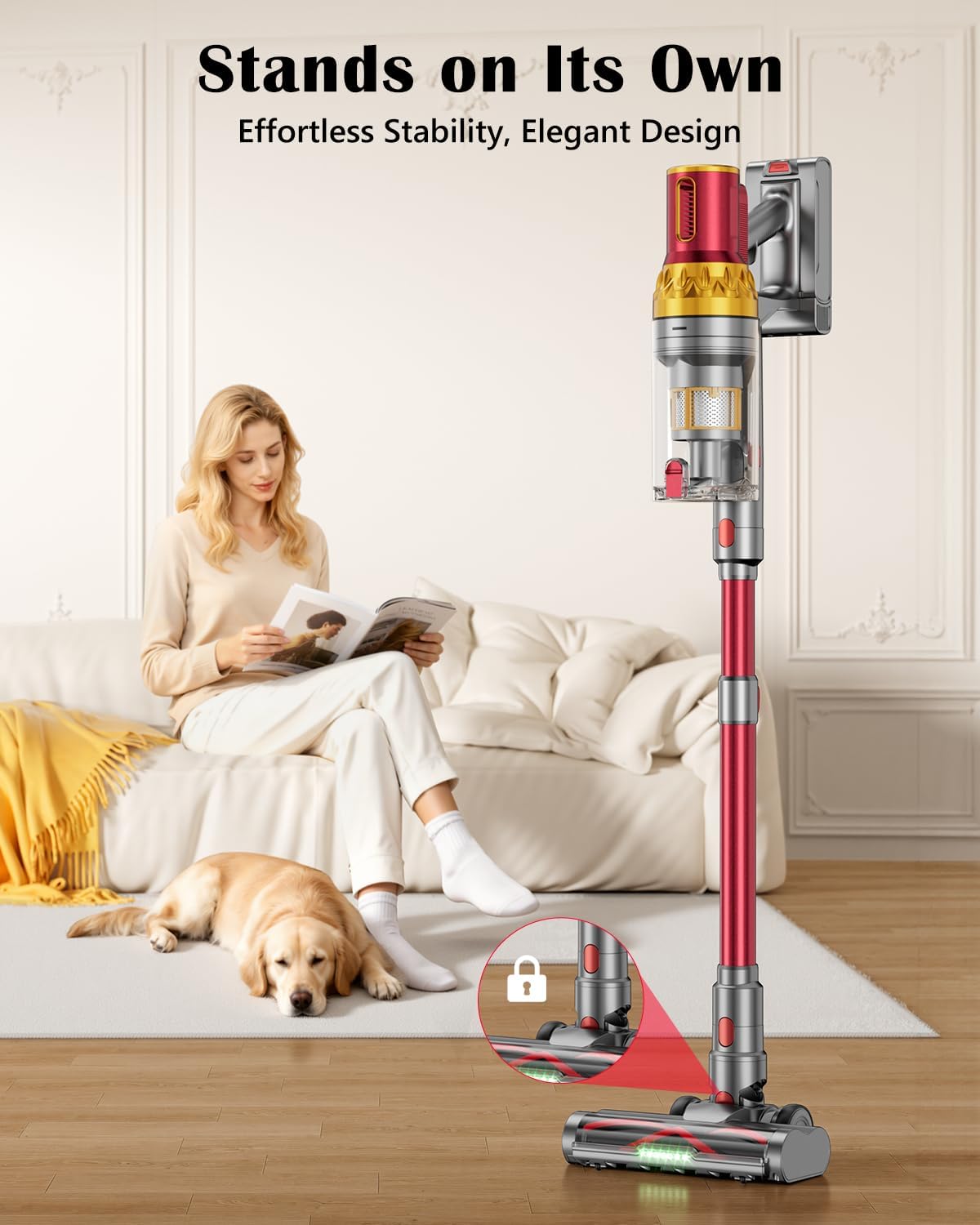 Cordless Vacuum Cleaner, 580W 48Kpa 65Mins Vacuum Cleaners for Home, Self-Standing Stick Vacuum with Auto Scrapping Dust Tech, Low Noise Rechargeable Cordless Vacuum for Hardfloor, Carpets, Pet Hair