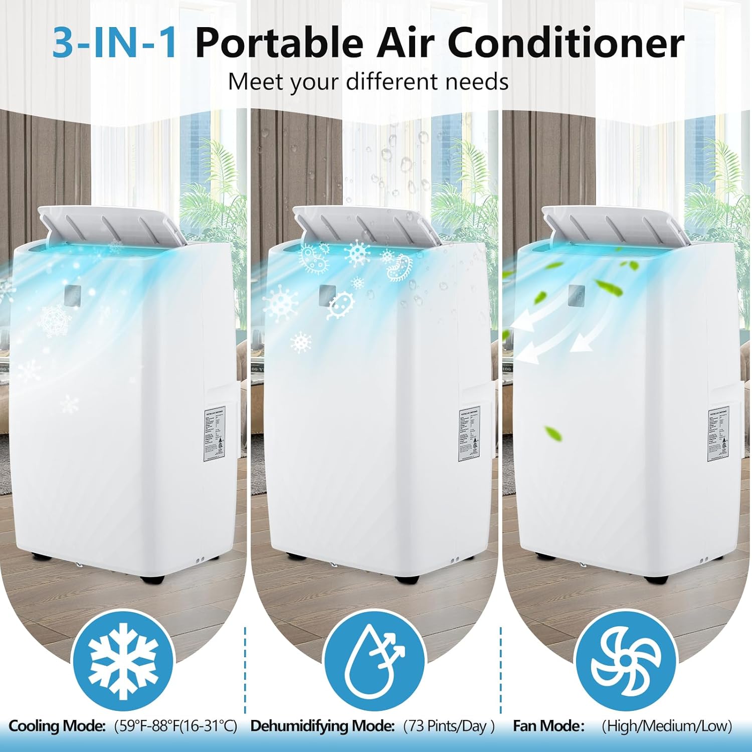 14000 BTU Portable Air Conditioner - 3-In-1 Cool/Fan/Dry, Low Noise, Cools Up to 750 Sq. Ft, Rolling Wheels, Remote Control, Perfect for Medium Rooms