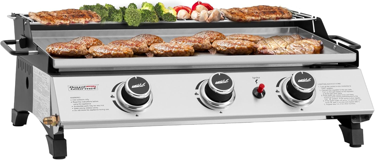 3-Burner Tabletop Propane Gas Grill Griddle with Warming Rack, 24-Inch Stainless Steel Portable Griddle, Ideal for Outdoor Cooking, 25,500 BTU, Silver, PD1303S-SC