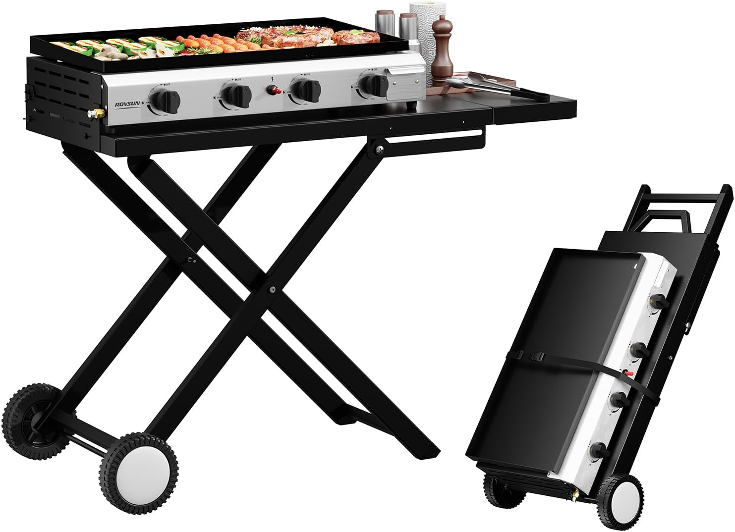 ROVSUN 4 Burner Foldable Propane Griddle with Wheels & Enameled Tray, 40000 BTU Portable Flat Top Gas Grill with Electronic Ignition & Regulator for Outdoor Cooking Camping BBQ Tailgating Picnicking