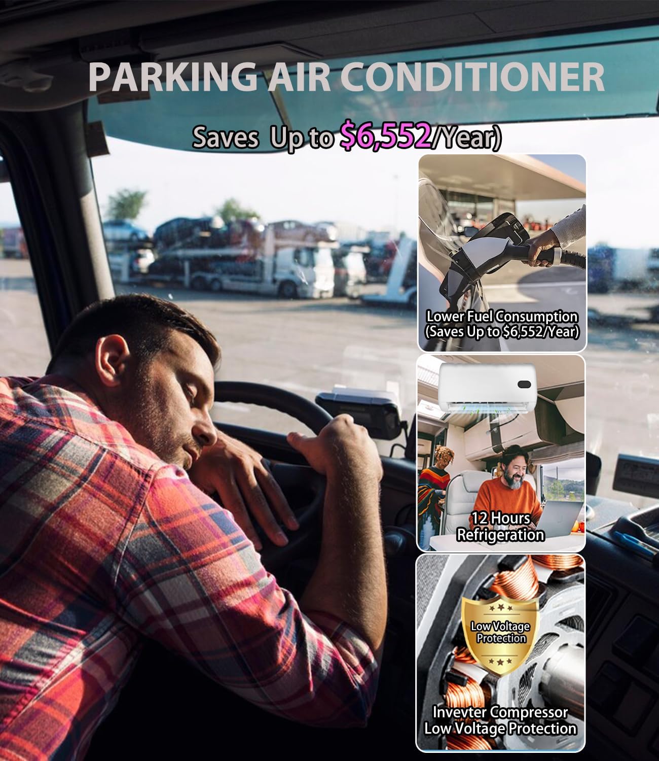 12V Air Conditioner w/Brushless Motor, Mini Split 12 Volt Air Conditioner, Parking AC 12 Volt DC AC, Cooling Low Noise for Big Rig Sleeper, Semi Trucks, Pickup, Trucks, RV, Vans