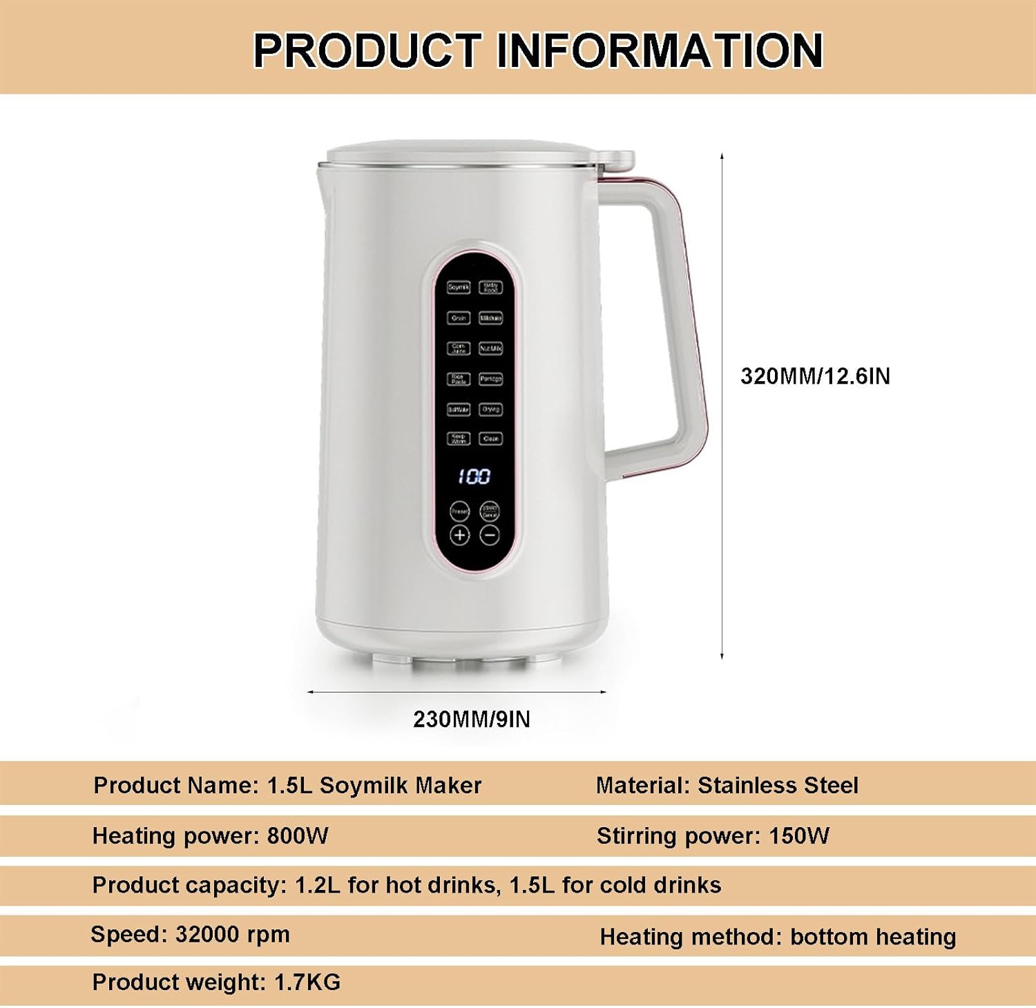 Soy Milk Maker 1.5l Plant Milkmaker With Function Screen, Tea Milk Machine Blender, One-Click Reservation & Cleaning Function, Speed - 32000rpm, 9x9x12.6in (With 2 Tea Cups)