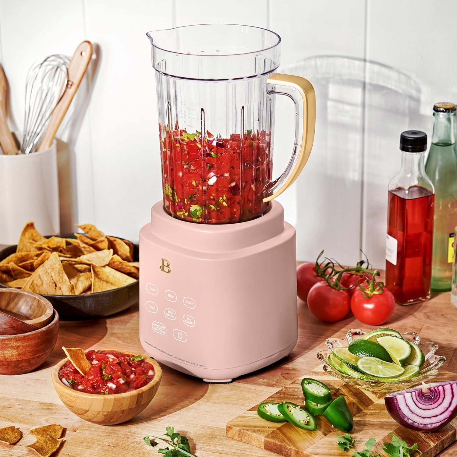 B'eautiful PowerExact High-Performance 700-Watt Blender by Drew Barrymore, 50-Ounce Pitcher, Stainless 4-Tip Blade, 3 Speeds + 4 Presets, Dishwasher-Safe Parts, Travel Cup Included (Rose)
