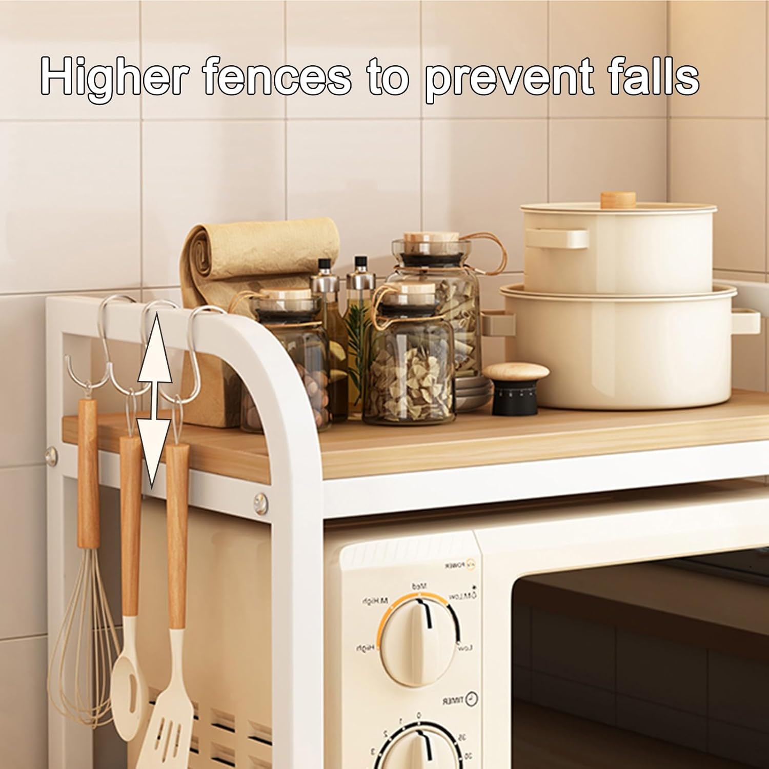 2-Tier Multifunctional Microwave Ovens Countertop, Stand Kitchen Storage Shelf Organizer, Kitchen Storage Organiser Cabinet, with 3 Hooks Kitchen Tableware Storage Shelf (Color : White, Size : 60 * 4