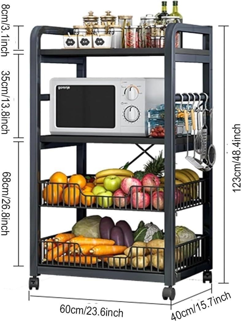 Kitchen Baker’s Rack with Storage Shelves, Microwave Oven Stand with Wheels, Industrial Metal Utility Shelf(Black)