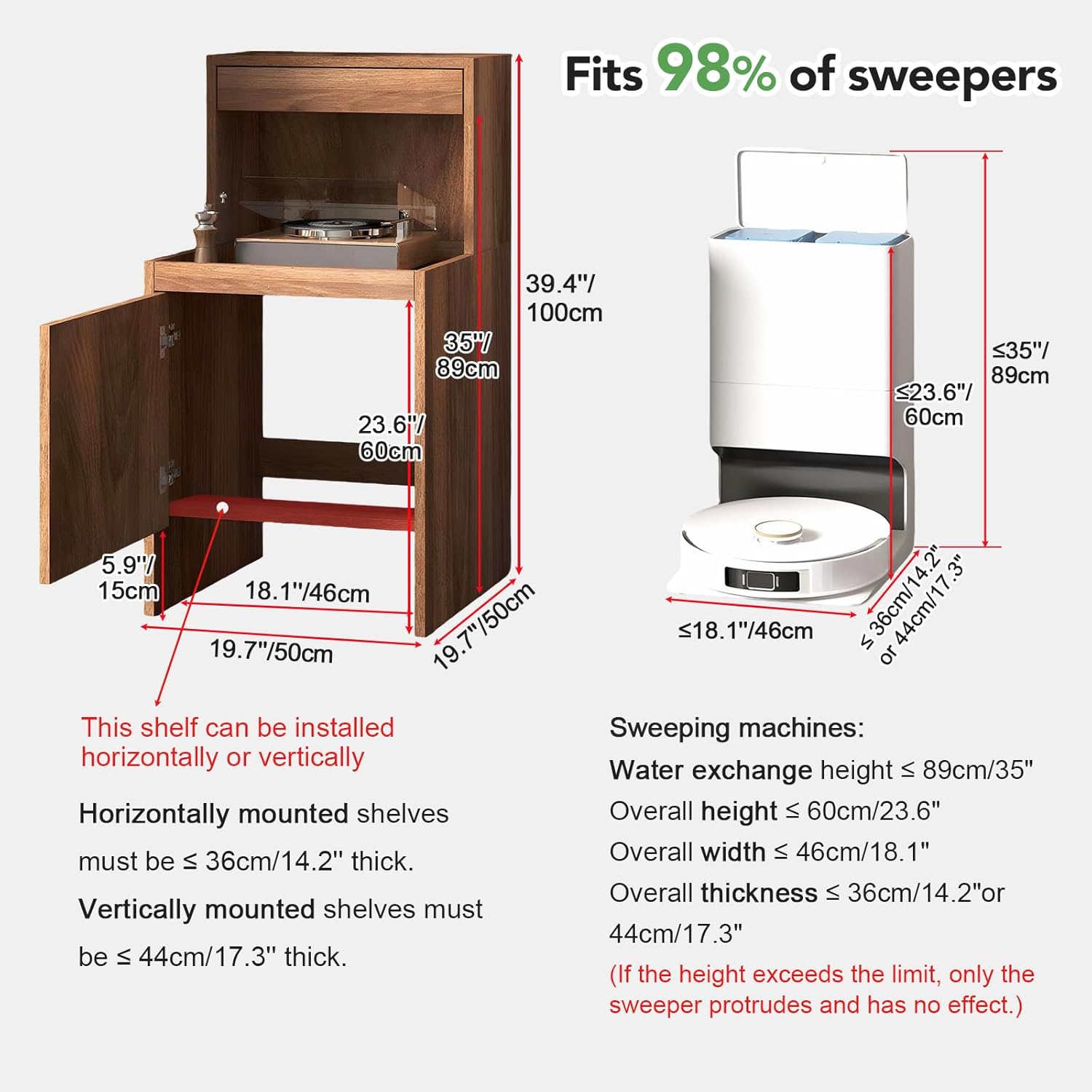 Robot Vacuum Cabinet, Wood Hidden Robot Vacuum Storage Cabinet with Doors, Side Table for Living Room Kitchen Office, Easy Water Changing