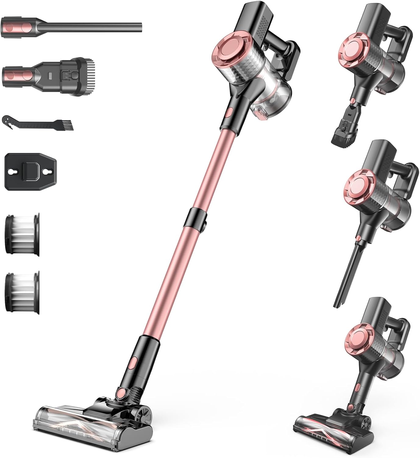 Cordless Vacuum Cleaner, Powerful Lightweight Stick Vacuum with Self-Standing, Anti-Tangle, 8-in-1 Rechargeable Vacuum Cleaners for Home, Hardwood Floors, Carpet, Pet Hair (Pink)