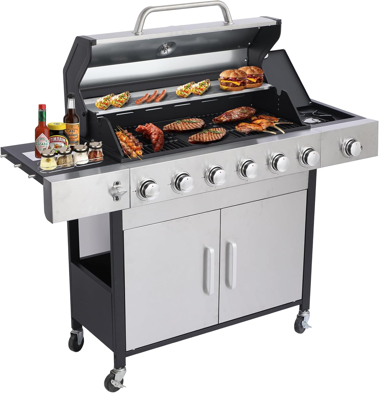 CIG GARDEN 6 Burner Propane Gas Grill With Side Burner,3 in 1 Gas BBQ Grill,73000 BTU Outdoor Barbecue Propane Griddle Grill Combo for Camping, Patio, Backyard