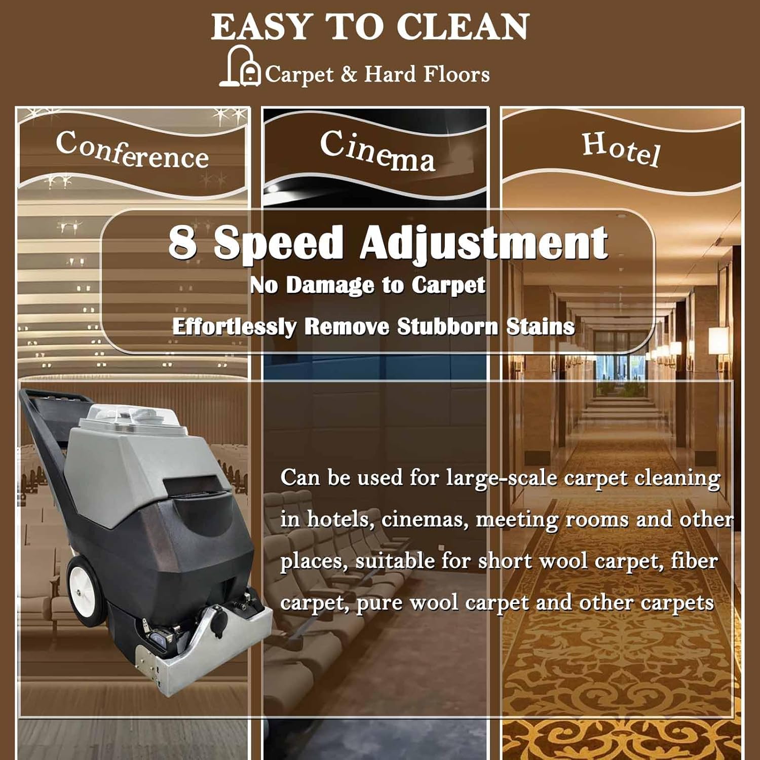 Commercial Carpet Cleaning Machine 3-in-1 Extractor Hand Pushed Hot&Cold Water Carpet Washer 9Gal+9Gal Tanks 18'' Stainless Steel Scraper for Hotel/Gym/Office Deep Cleaning 18m Cord 110V