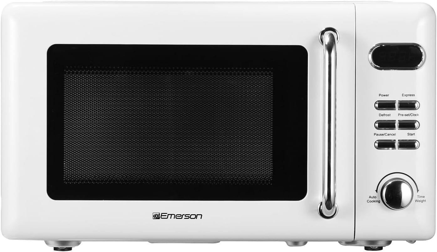 Emerson MWR7020W Compact Countertop Microwave Oven with Button Control, LED Display, 700W 5 Power Levels, 8 Auto Menus, Glass Turntable and Child Safe Lock, 0.7, Retro White