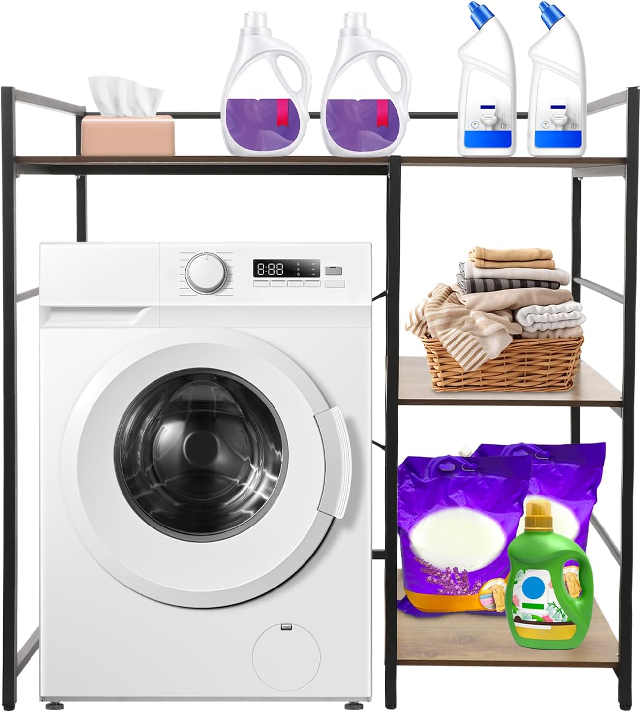 3-Tier Washing Machine Shelf, Laundry Storage Rack Organizer for Detergent & Supplies, Heavy Duty Iron & Wood Utility Shelf with 12mm Board, Fits 25.6