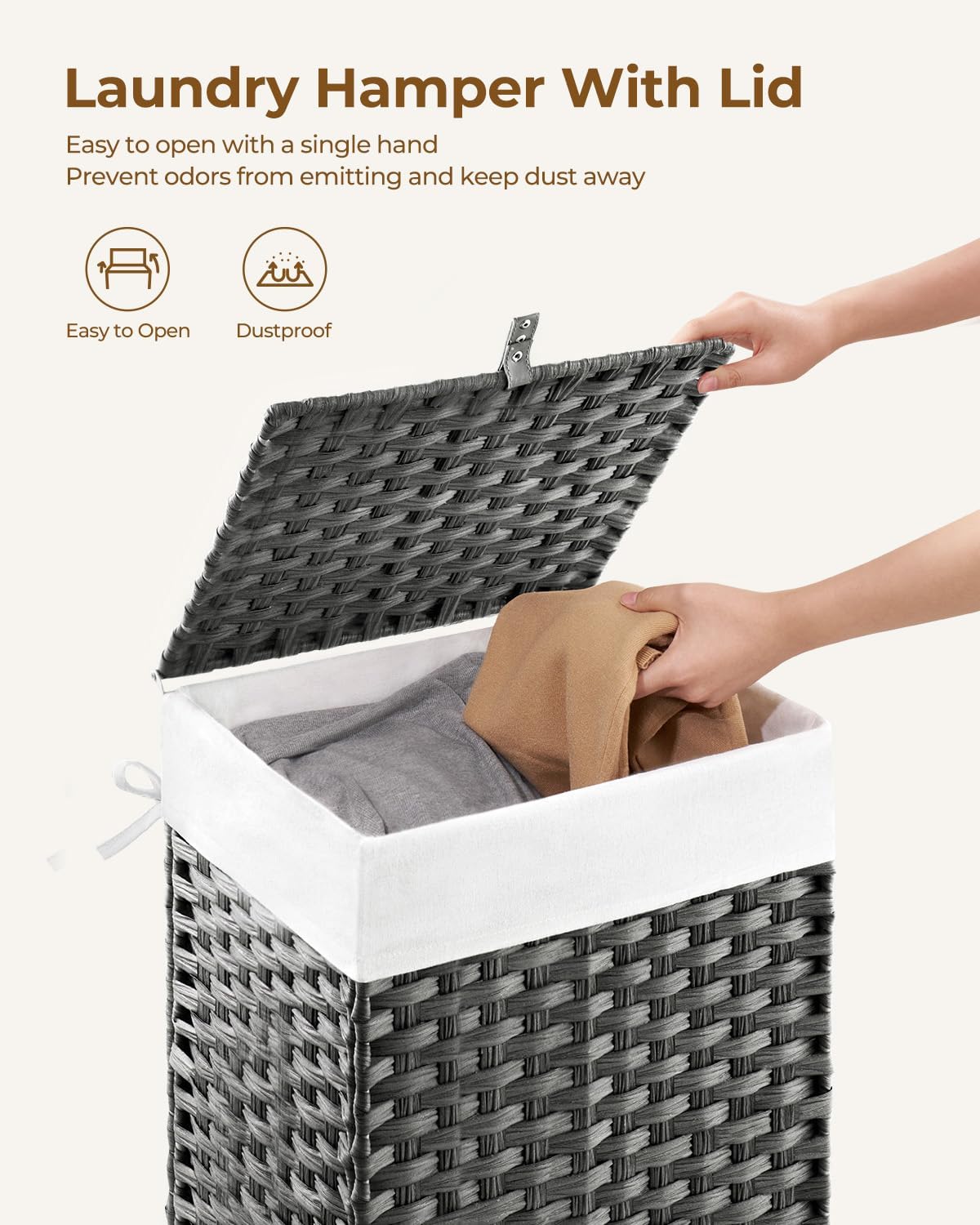 Greenstell Laundry Hamper with Lid, 60L Clothes Hamper with 2 Removable Liner Bags & 2 Mesh Laundry Bags, Handwoven Synthetic Rattan Laundry Basket for Clothes, Toys in Bathroom, Bedroom Grey