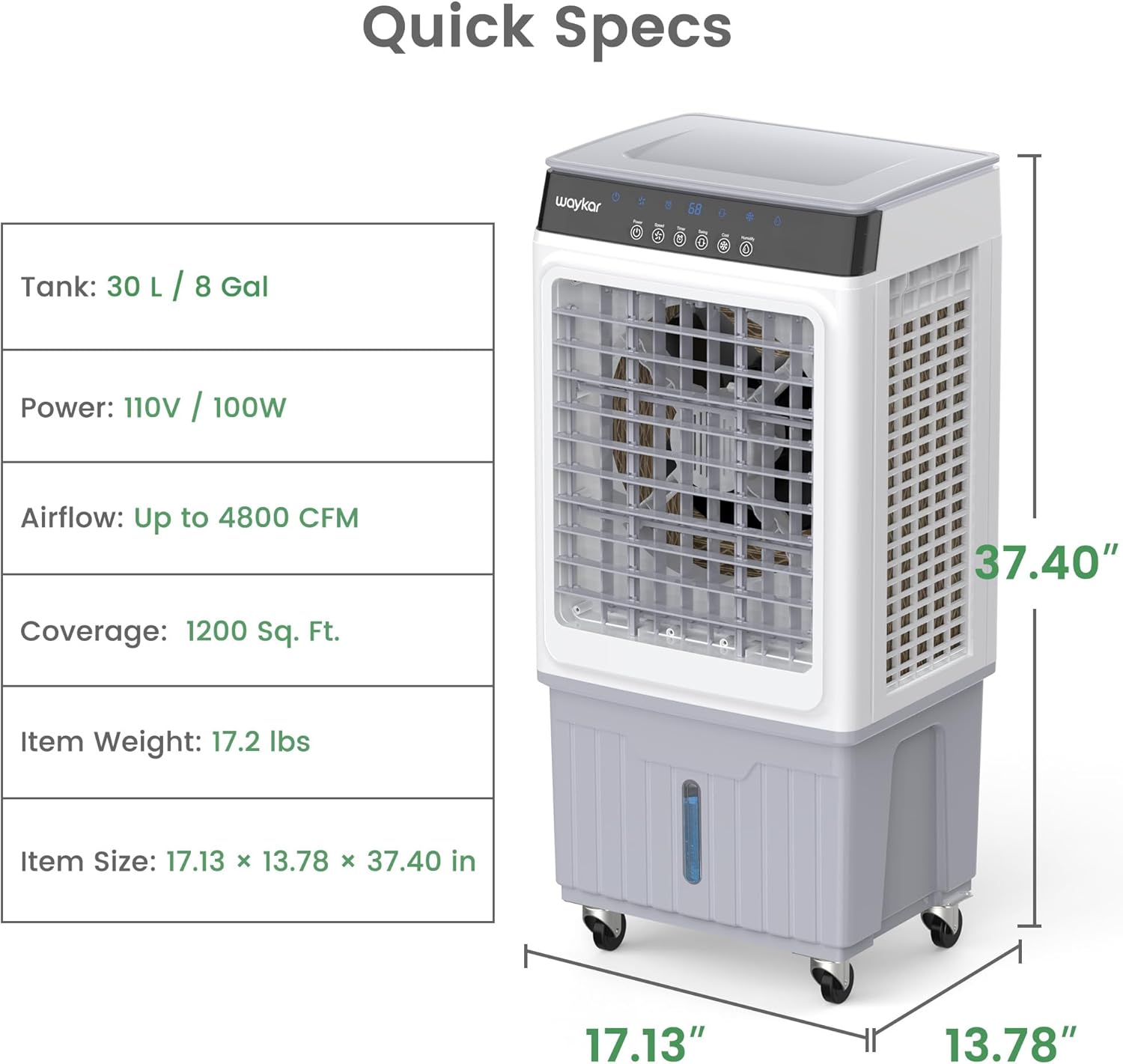 Waykar Swamp Cooler, 4800 CFM Evaporative Air Cooler with 6 Gals Water Tank, 1200 Sq.Ft. Portable Air Conditioner with 4 Ice Pack, 120°/60°Oscillation, 3 Models for Garage, Yard, Commercial Use
