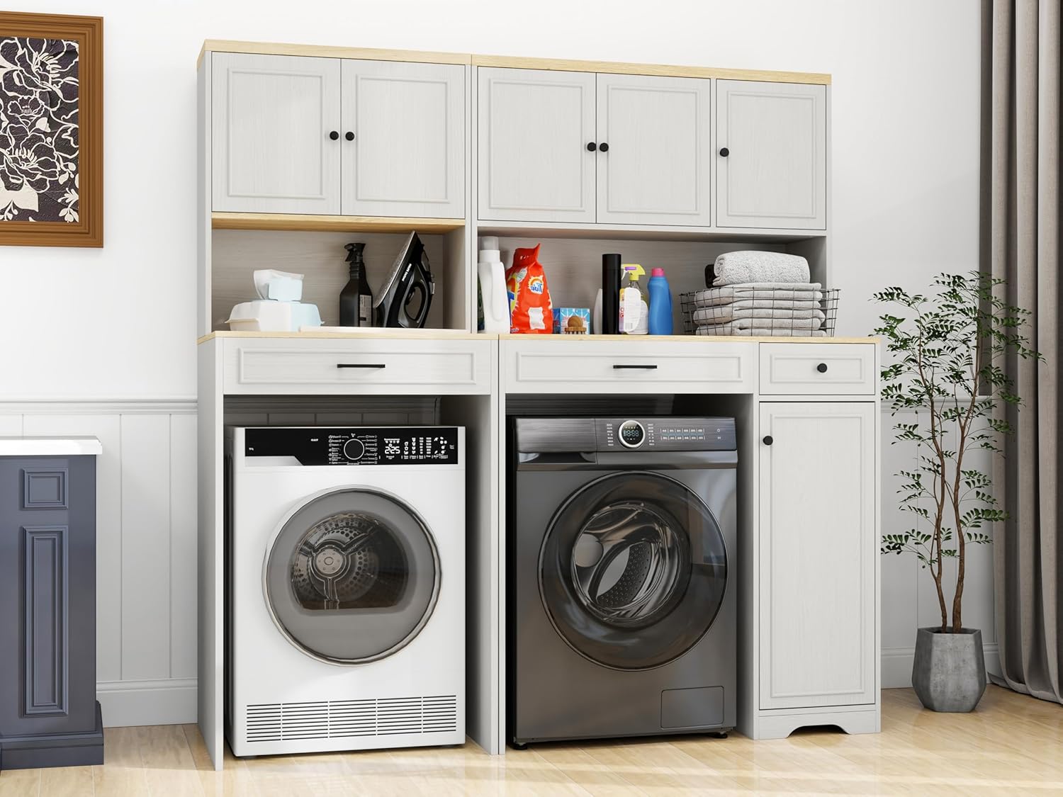 Antique White Over Washer & Dryer Storage Cabinet - Compact Laundry Organizer with 1 Basket, 4 Doors, 1 Drawer & 2 Adjustable Shelves - Sturdy & Safe Design