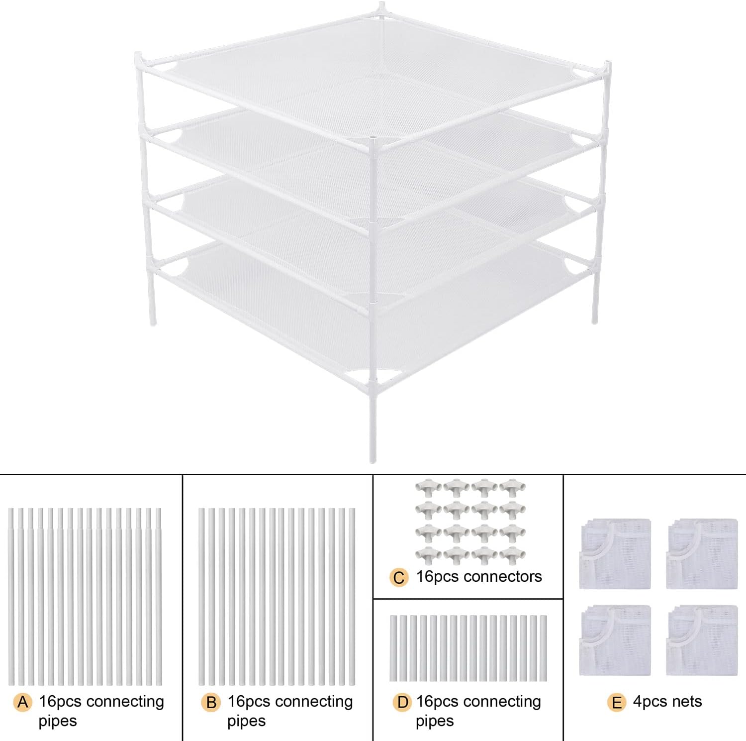 Sweater Drying Rack Flat, Metal Tube Mesh Clothes Drying Rack for Laundry with Rubber Feet, Stackable Laundry Clothing Dryer Rack for Art, Clothes, Indoor & Outdoor, White, 4-Layer