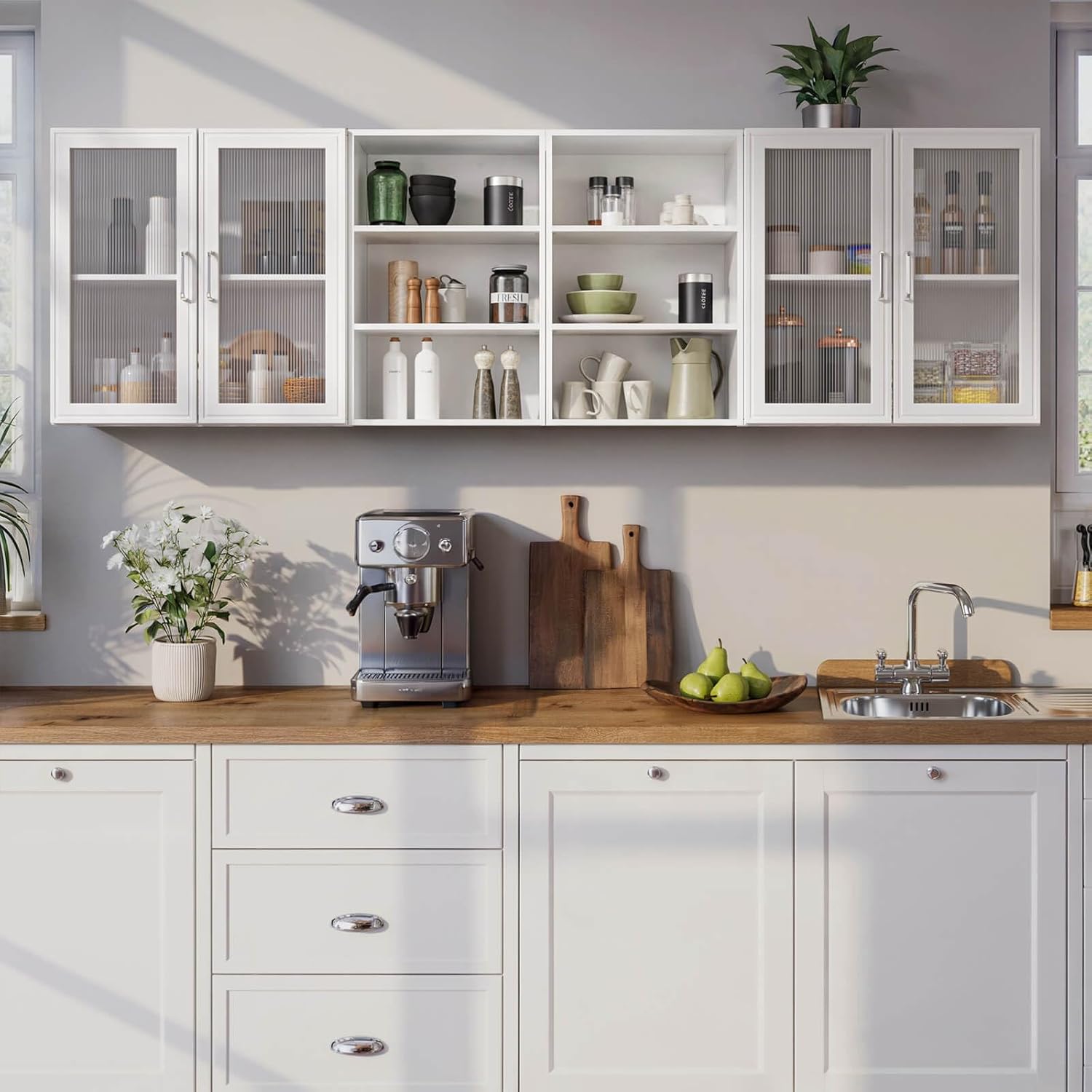 FIMELLO 78.6''W X 11''D X 23.6''H Laundry Room Cabinets Shelves Set, Acrylic Door, Adjustable Shelf, Kitchen Floating Wall Cabinets, Hanging Wall Cabinets for Laundry Room, White