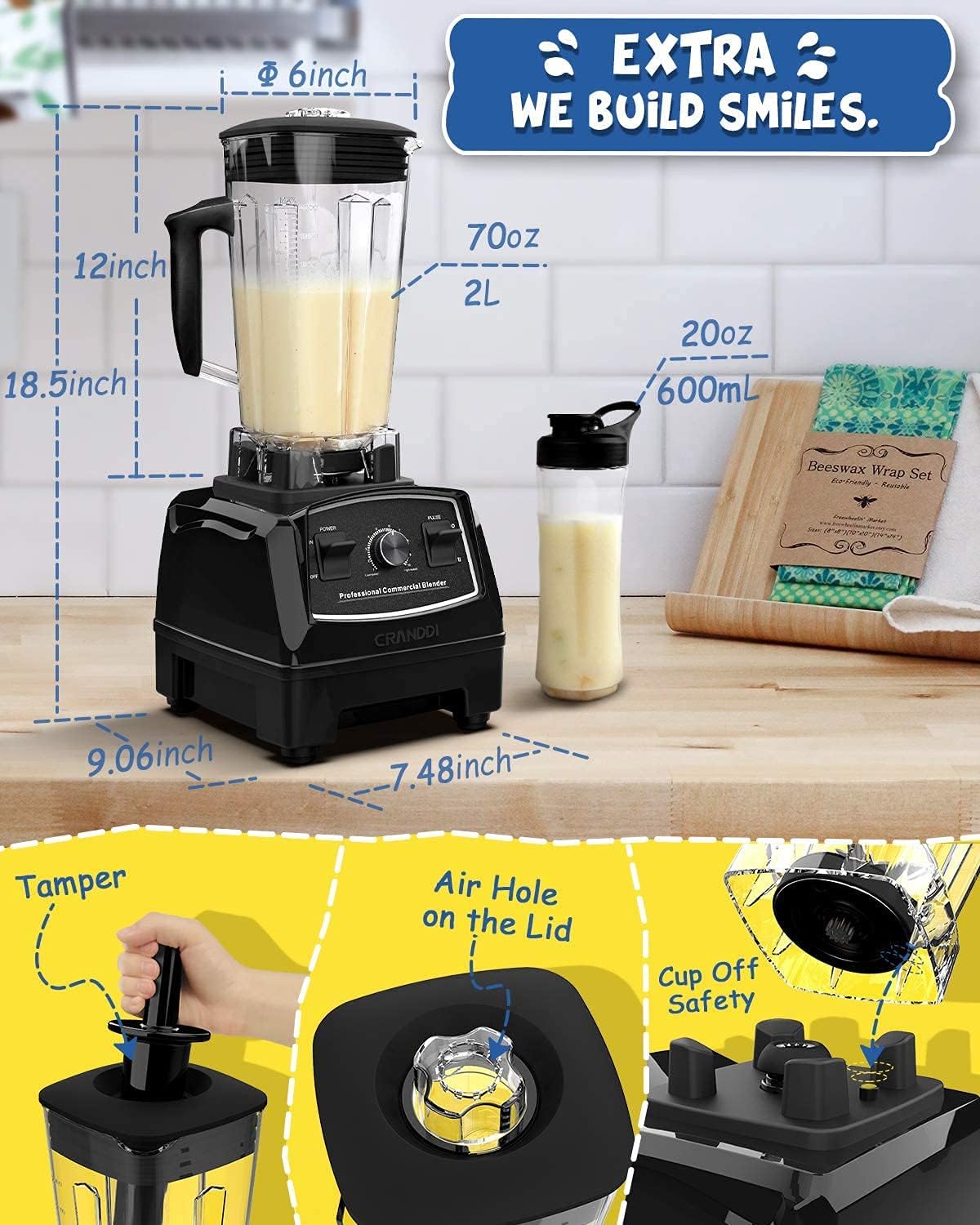 CRANDDI Professional Blender,1500 Watt Commercial Blenders for Kitchen with 70oz Capacity and Self-Cleaning, Classic Blenders for Shakes and Smoothies, Build-in Pulse, YL-010-B