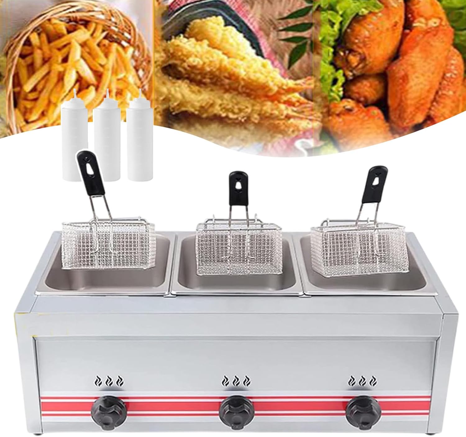 30L Gas Chip Fryer Stainless Steel Commercial Food Service Equipment - Three-cylinderfryer + Removable Basket & Lid + Adjustable Temperature Control + Easy to Clean