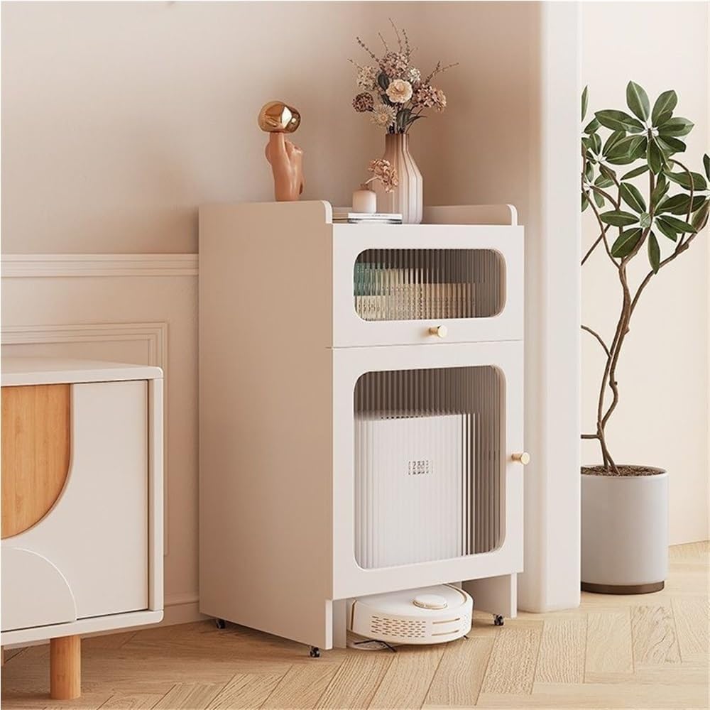 Modern Robot Vacuum Cabinet with Wheels, Movable Side Cabinet with Doors and Drawers, Hidden Storage Cabinet for Living Room, Kitchen, Office(Natural)