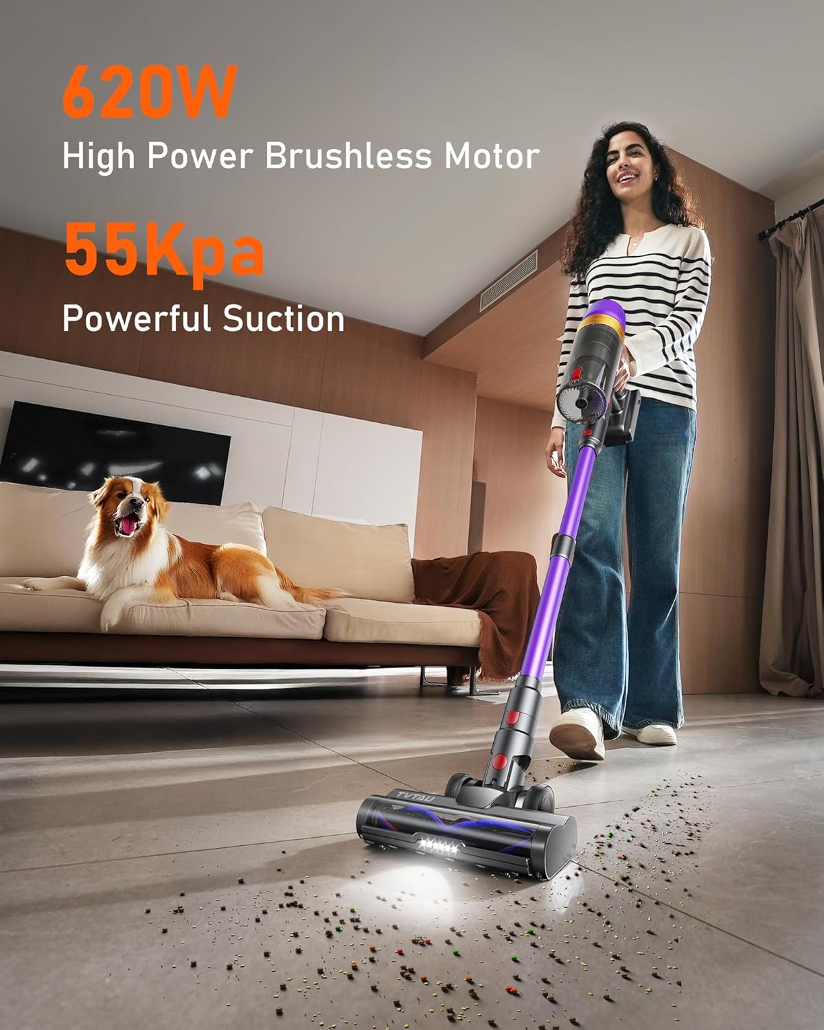 Cordless Vacuum Cleaner, 620W 55KPA 75Mins Runtime Stick Vacuum with Self-Standing, LED Display, V-Shape Anti-Tangle Brush, 8-Stage Filtration, for Hardwood Floors Carpets Pet Hair, T10 Pro