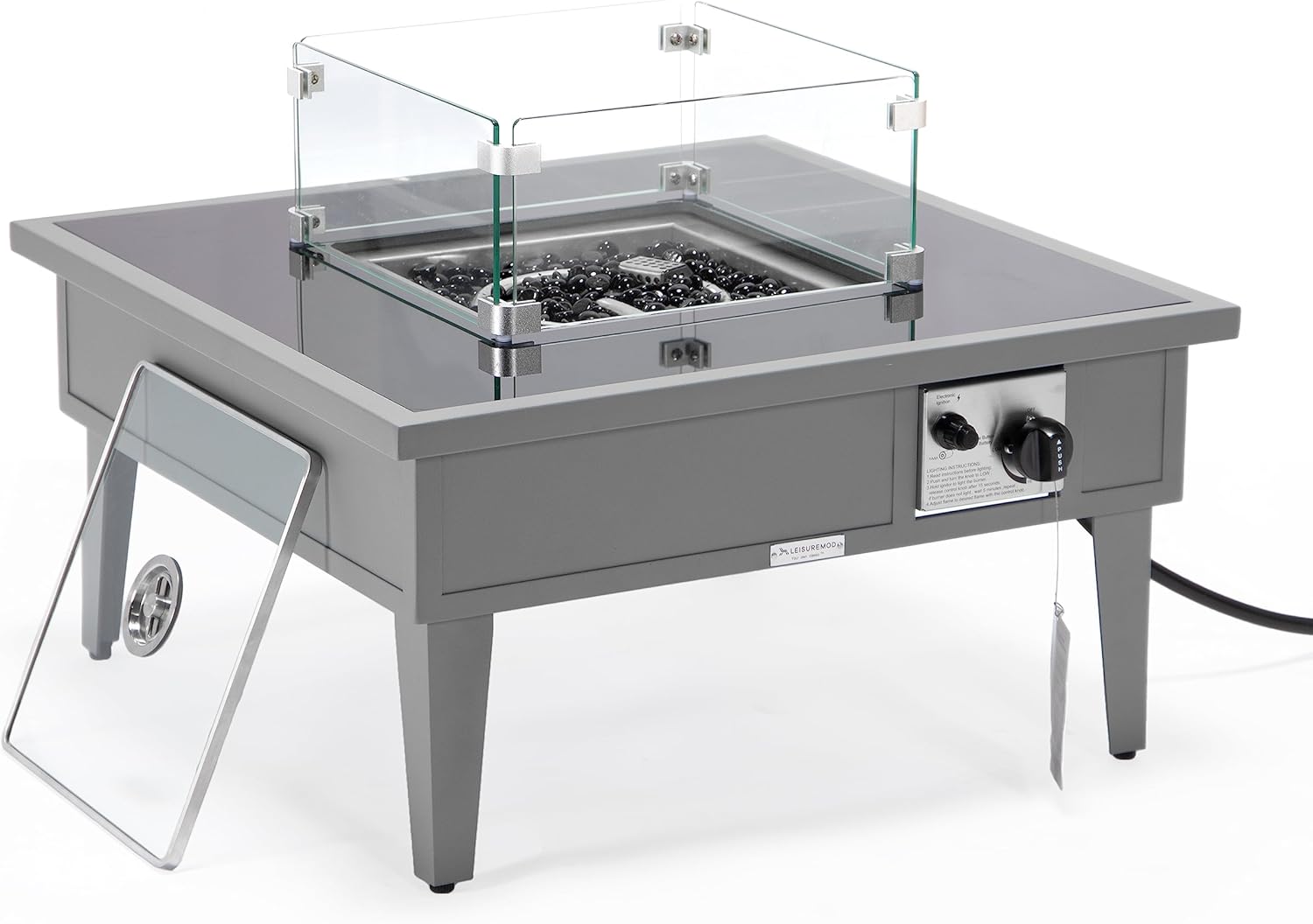 LeisureMod Walbrooke Modern Outdoor Square Fire Pit Table with Powder-Coated Aluminum Frame for Patio and Backyard Garden, Grey