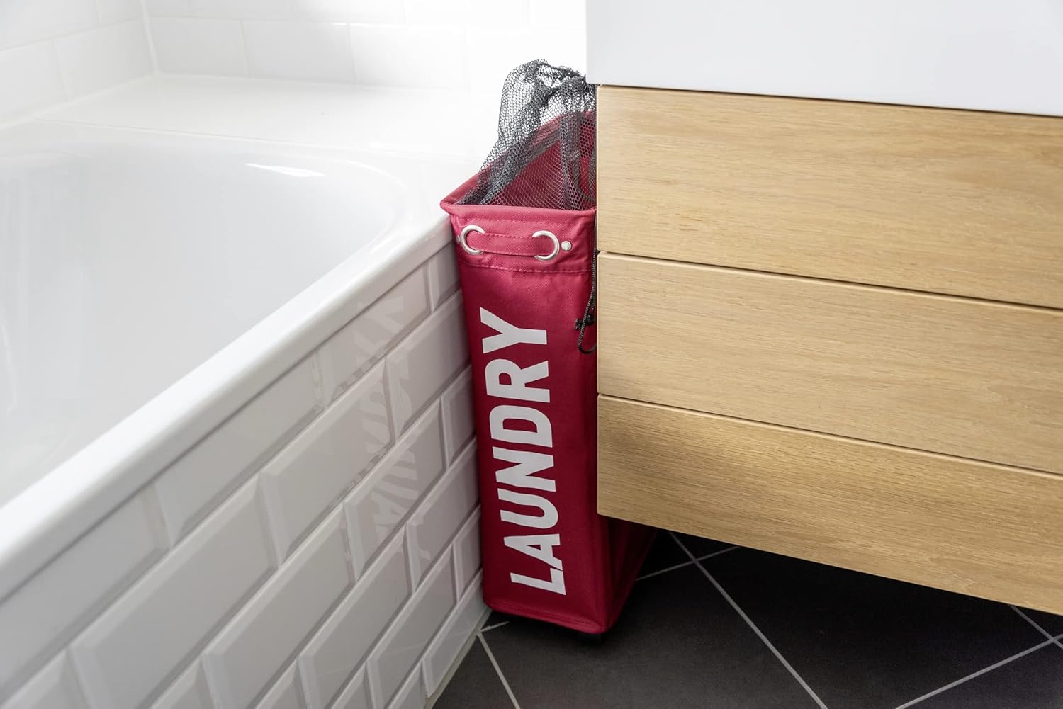 Red Laundry Basket Corno - thin Laundry Hamper with wheels - small space laundry bin - narrow hamper, laundry collector, laundry basket with wheels