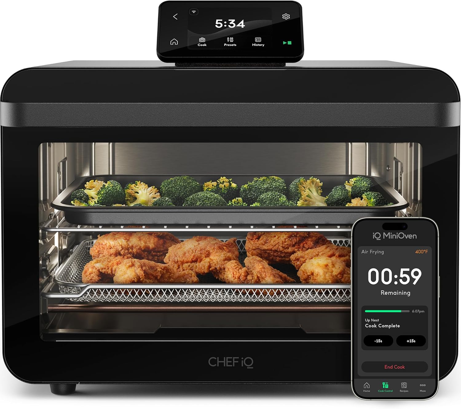 CHEF iQ MiniOven Smart Toaster Oven Air Fryer Combo, 11-in-1 Countertop Convection Oven, Bake, Broil, Air Fry, Broil, Dehydrate, 1750W, 25 Qt Capacity, Fast Cooking with Touchscreen Controls – Black