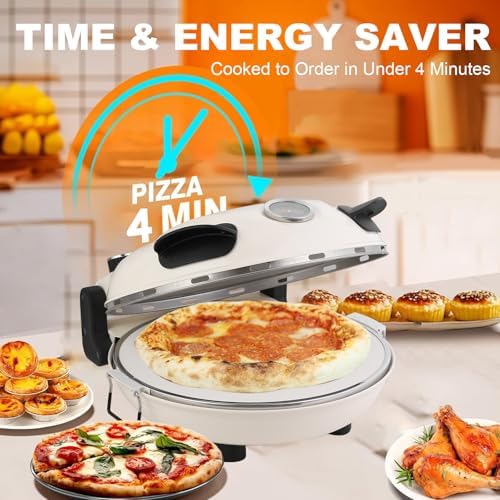 Electric Pizza Maker, 12 Inch Countertop Pizza Oven with Pizza Stone, 1200W Indoor Italian Style Pizza Cooker, Dual Heating with Independent Temperature Control, Heats Up to 800°F, White