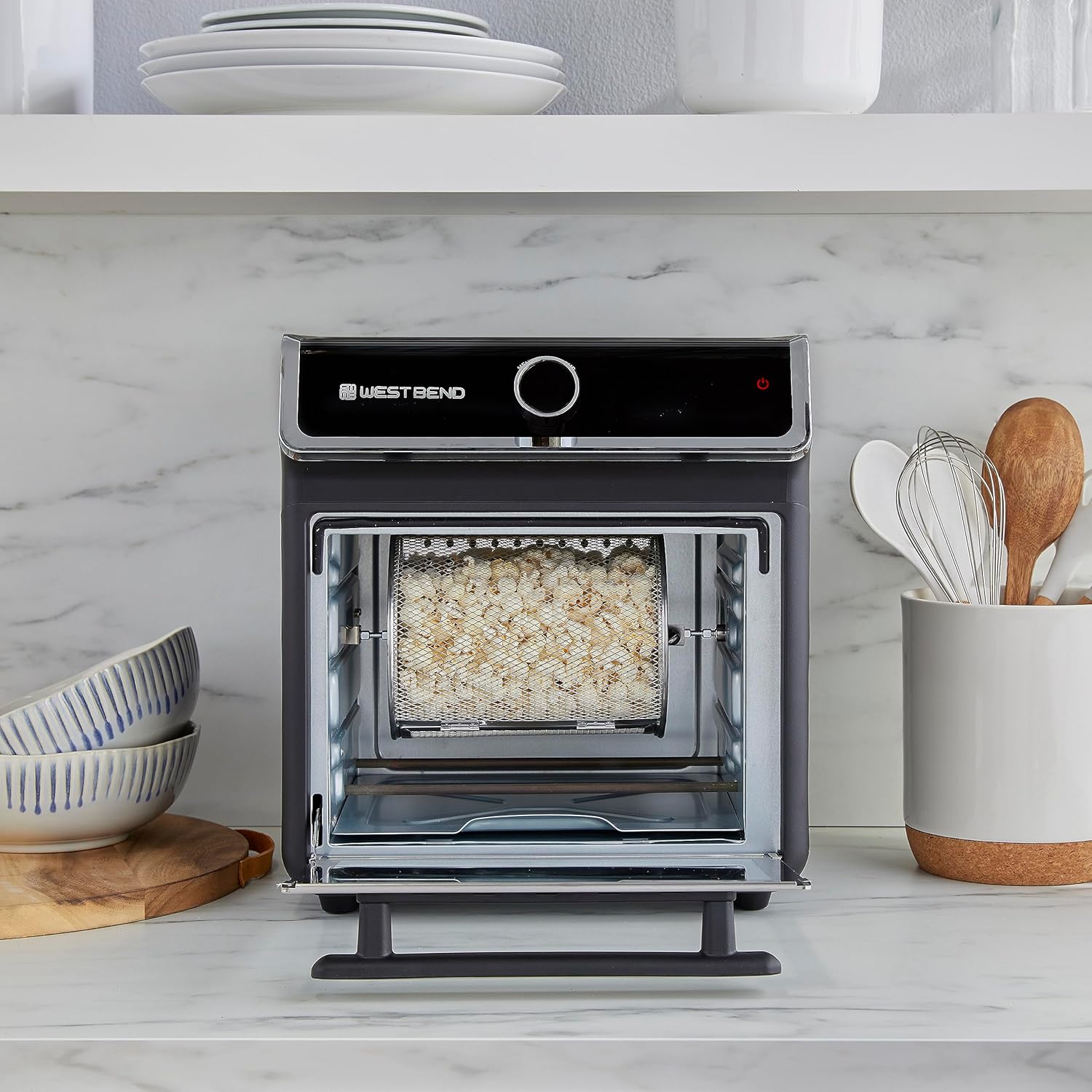 West Bend Air Fryer Oven 15-Quart Capacity with Digital Controls Easy-View Door and 16 Cooking Presets, Includes Eight Cooking Accessories, 1000-Watts, Black