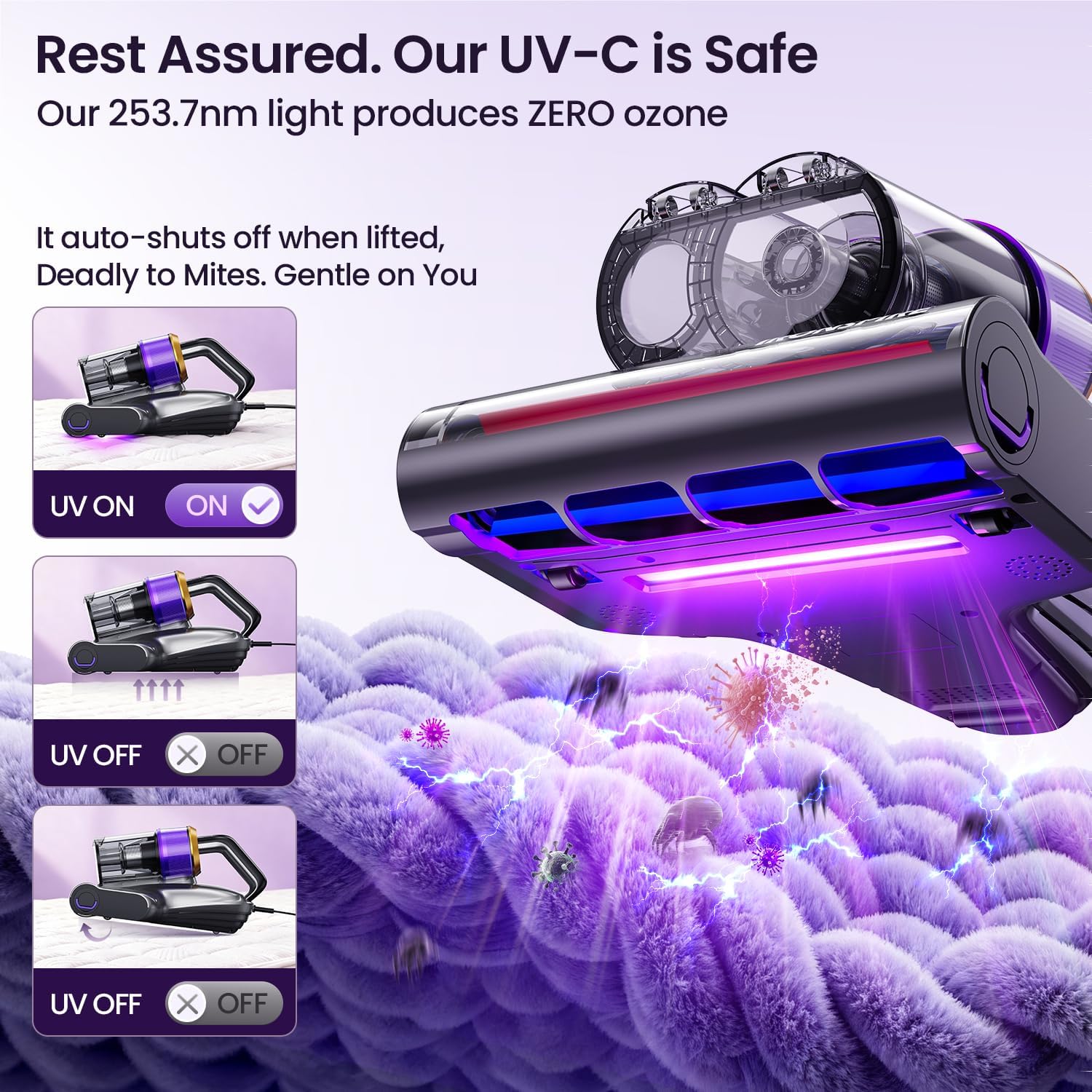 Bed Vacuum Cleaner, Mattress Vacuum with 2 Roller Brushes 253.7nm UV-C Light & Ultrasonic,145°F Heat, HEPA Filter, 18kPa Suction 650W Powerful Handheld Vacuums for Dust & Pet Hair(Corded)